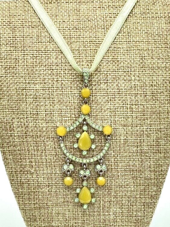 Vintage Pendant Yellow & Lime Green Rhinestone Edwardian Revival Style