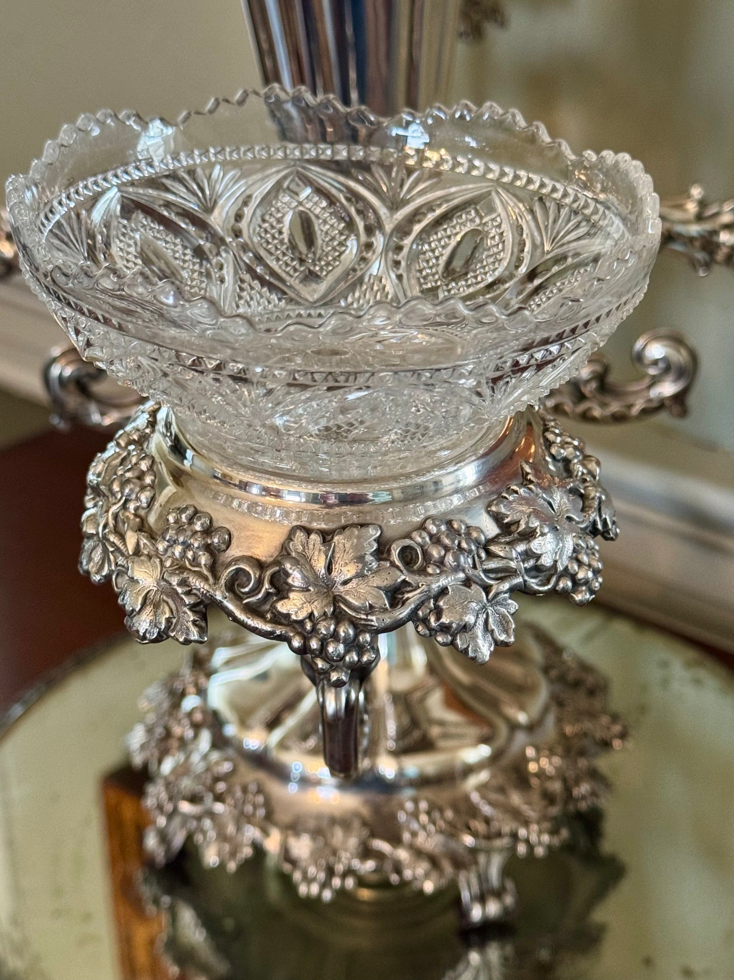 19th Century EPERGNE 4 Arm Silver Plate on Copper Rotates with Berry Bowl Set circa 16”h x 23”w