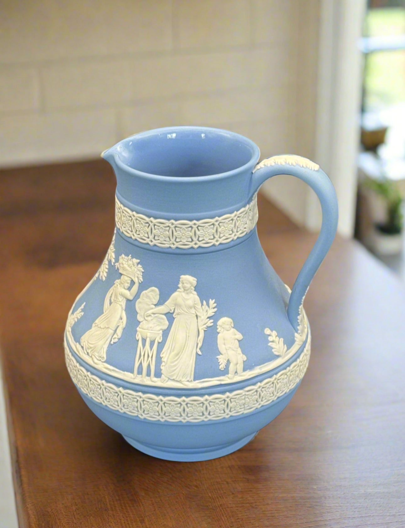 Vintage Blue Wedgwood Jasperware Neoclassical Scene 5" Pitcher SIGNED Wedgwood