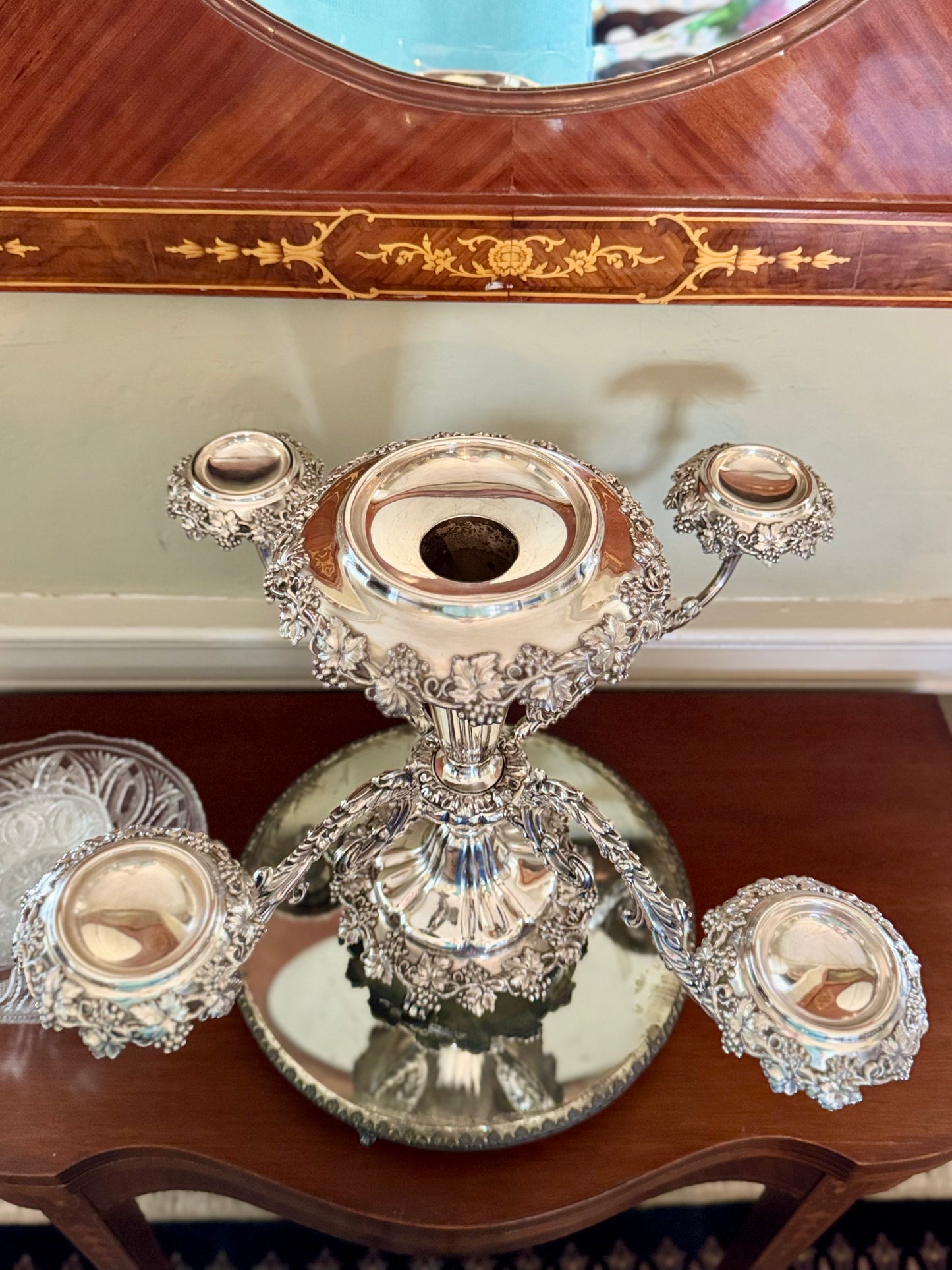 19th Century EPERGNE 4 Arm Silver Plate on Copper Rotates with Berry Bowl Set circa 16”h x 23”w
