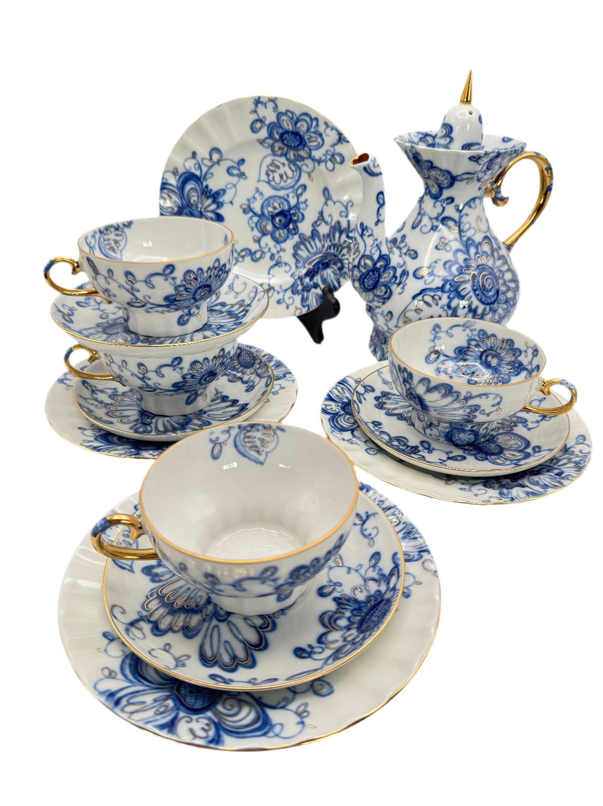 Lomonosov Imperial Porcelain Tea/Coffee Set – 13 Pieces – “Singing Garden” – Blue & White with Gold Accents – Made in Russia