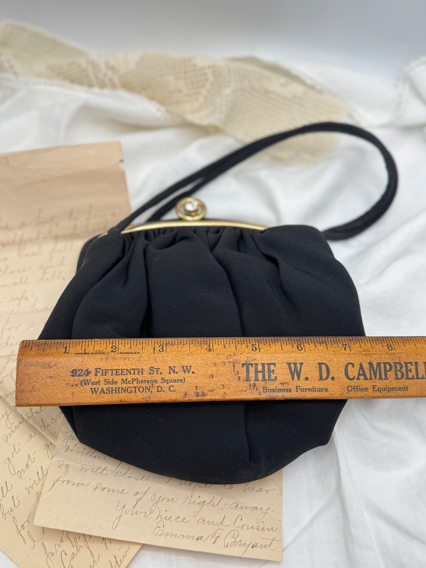 Vintage 1940s 1950s JR Black Cloth Evening Bag with Rhinestone Clasp
