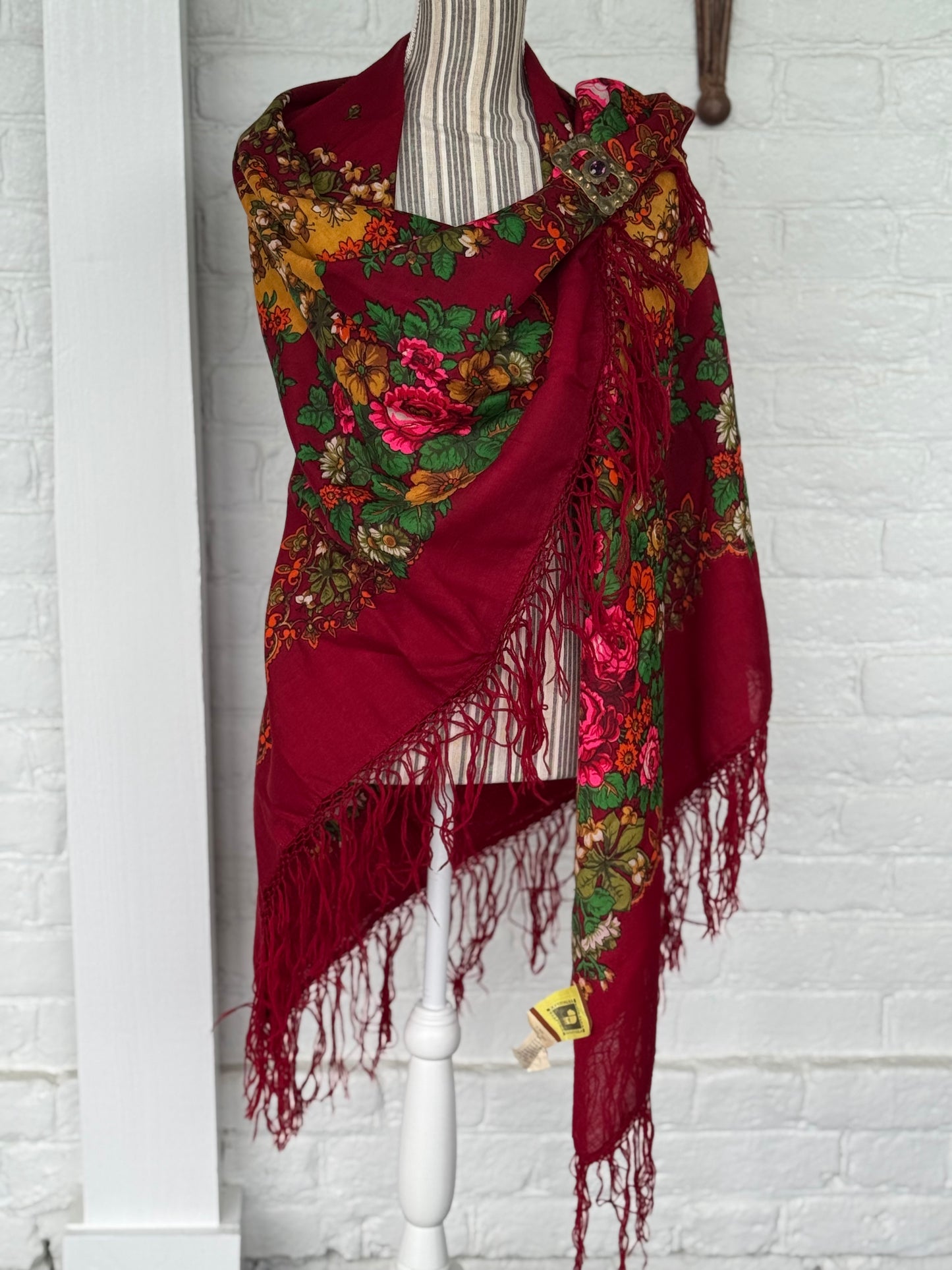 1980s XL Wool Fringed Floral Scarf – Burgundy with Pink Roses