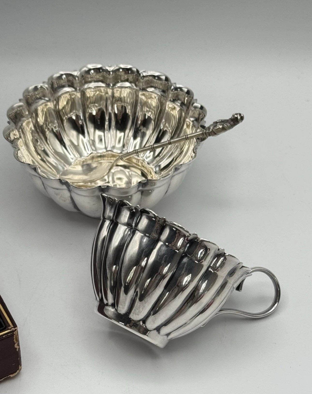 Antique Silverplate Creamer & Sugar with Spoon ESPN in Fitted Presentation Box