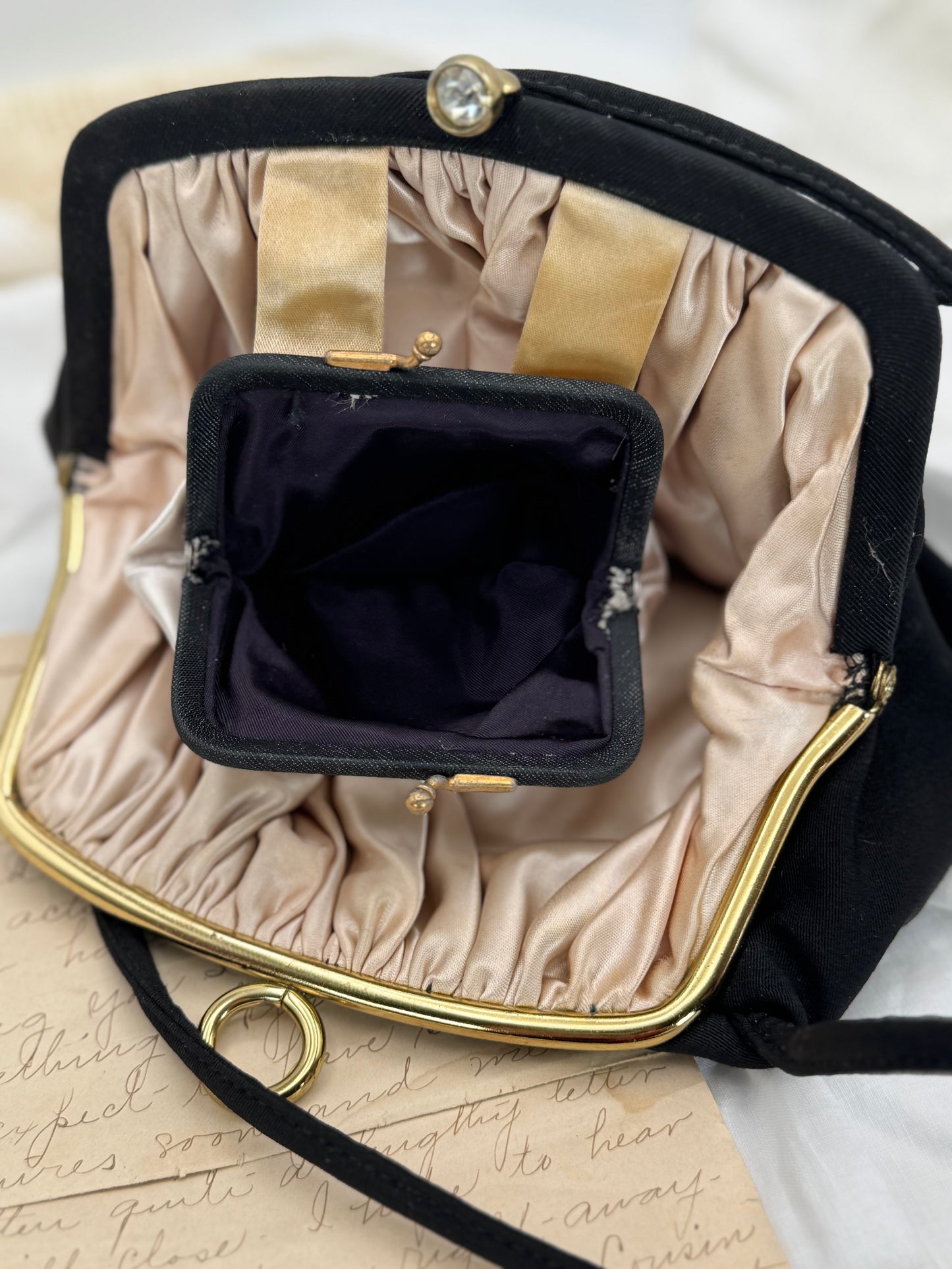 Vintage 1940s 1950s JR Black Cloth Evening Bag with Rhinestone Clasp