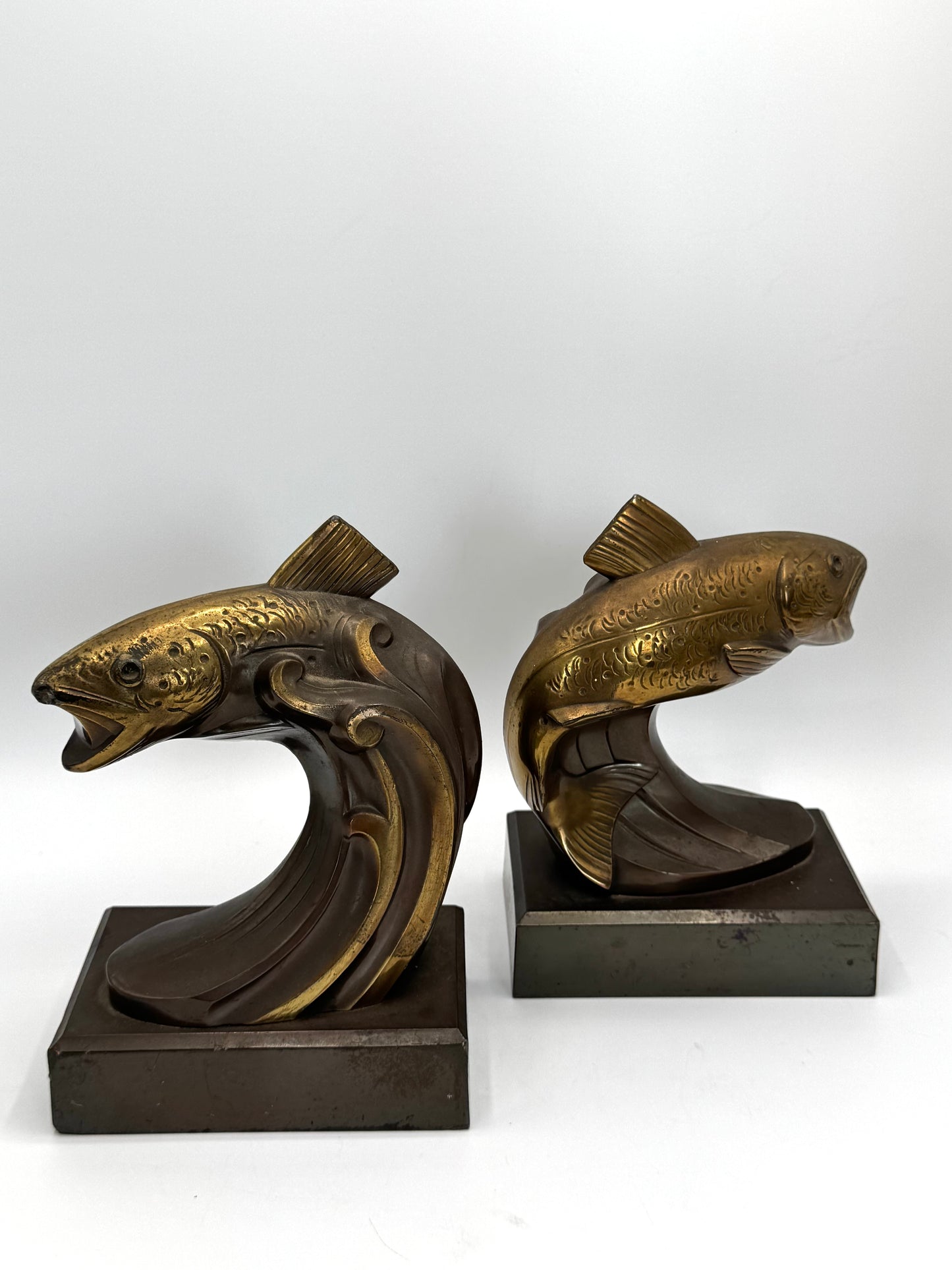 Vintage ART DECO Bronze Brass Style Book Ends TROUT Fish Estate Find Heavy!