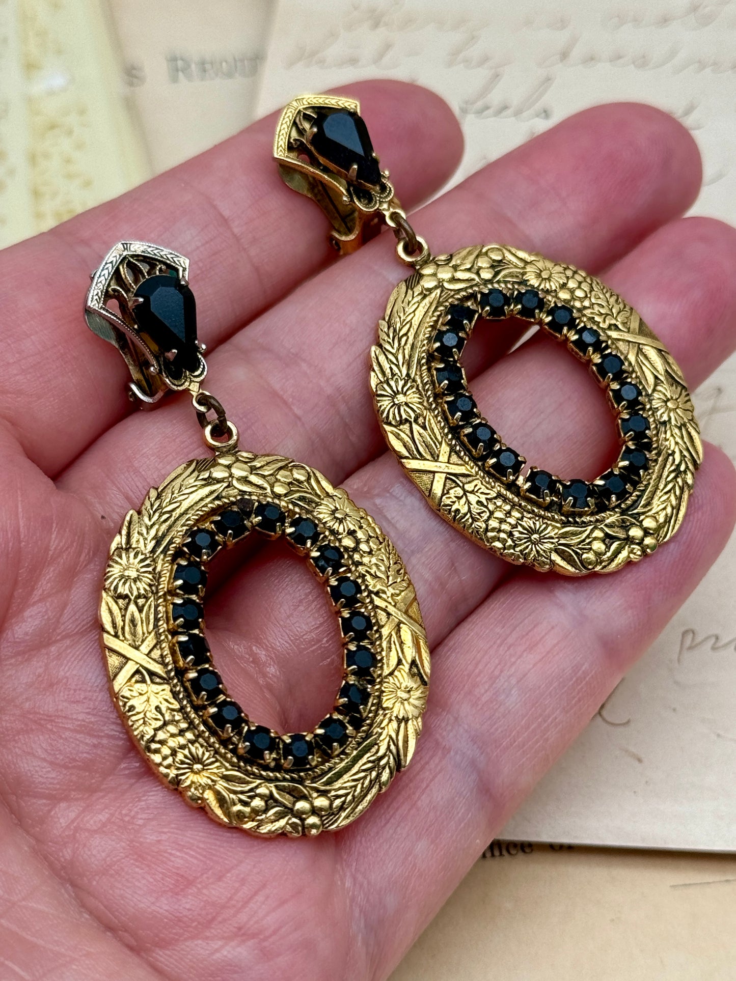 Vintage Pair Of Earrings Gold Tone With Black Rhinestone Dangler Style