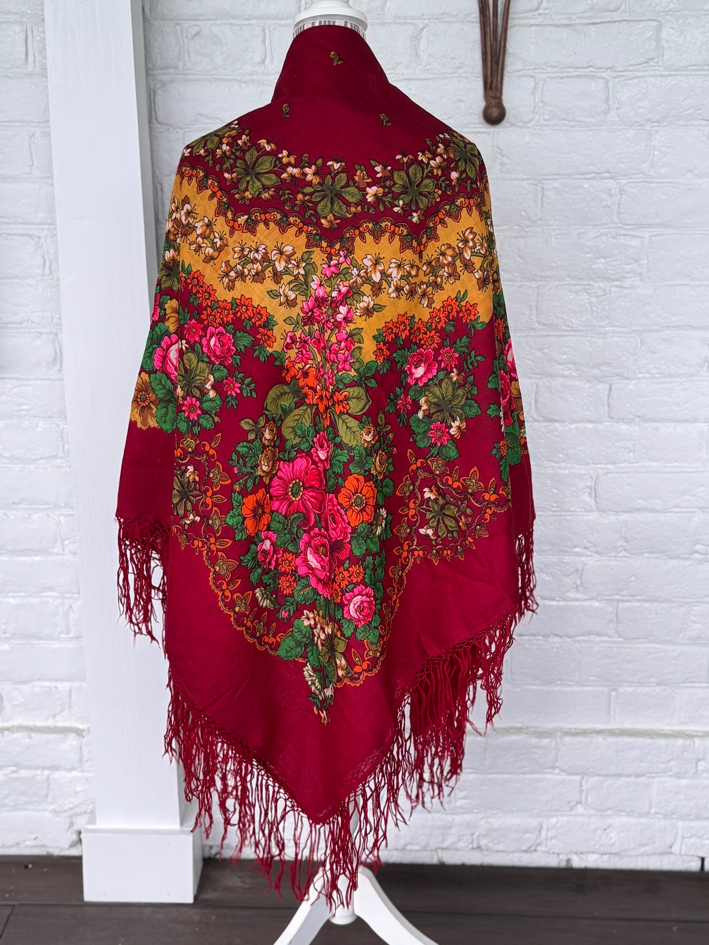 1980s XL Wool Fringed Floral Scarf – Burgundy with Pink Roses