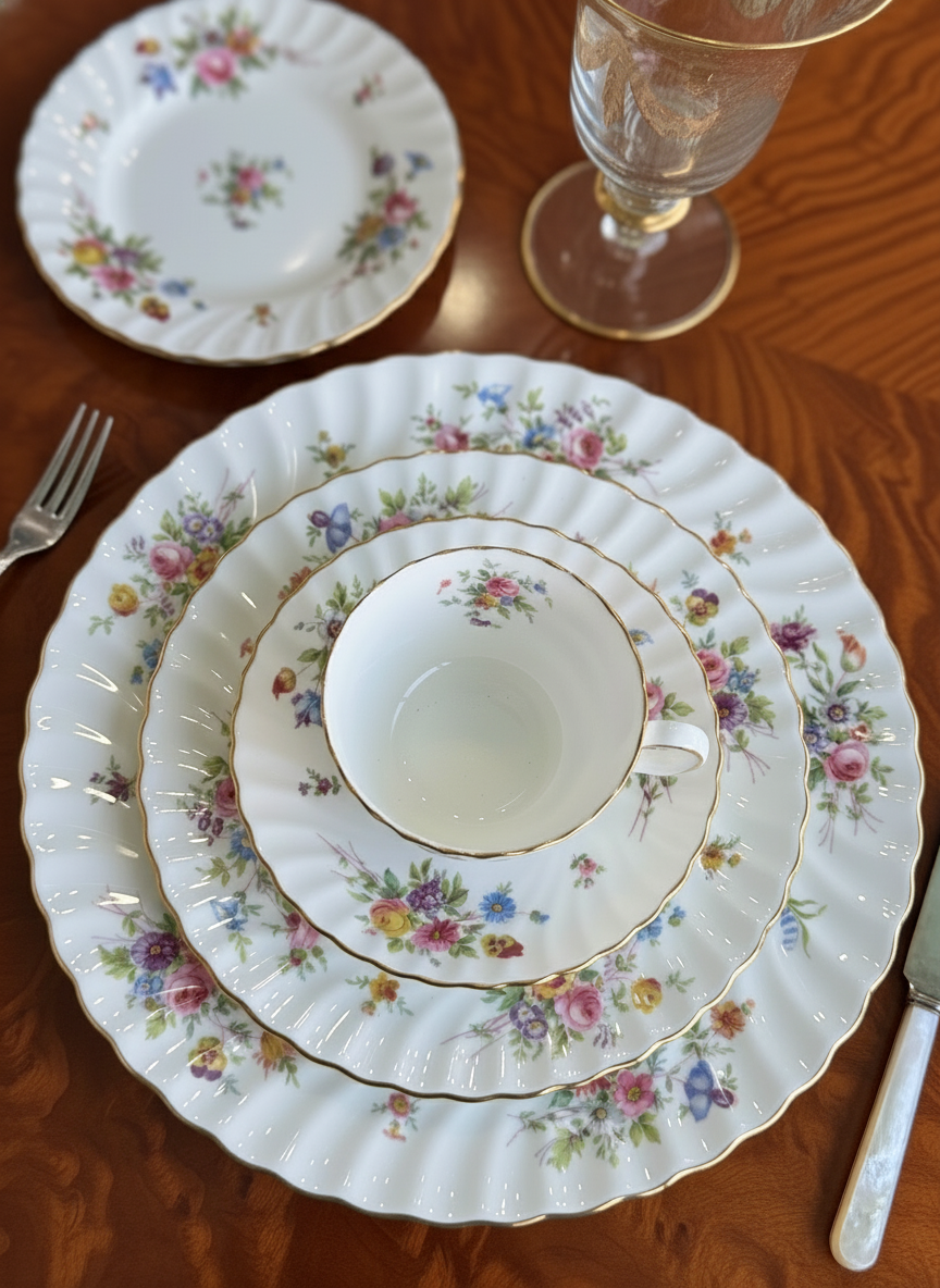 Vintage Minton “Marlow” Fine Bone China Service for 8 – 40 Piece Floral Gilt Dinnerware Set 💗