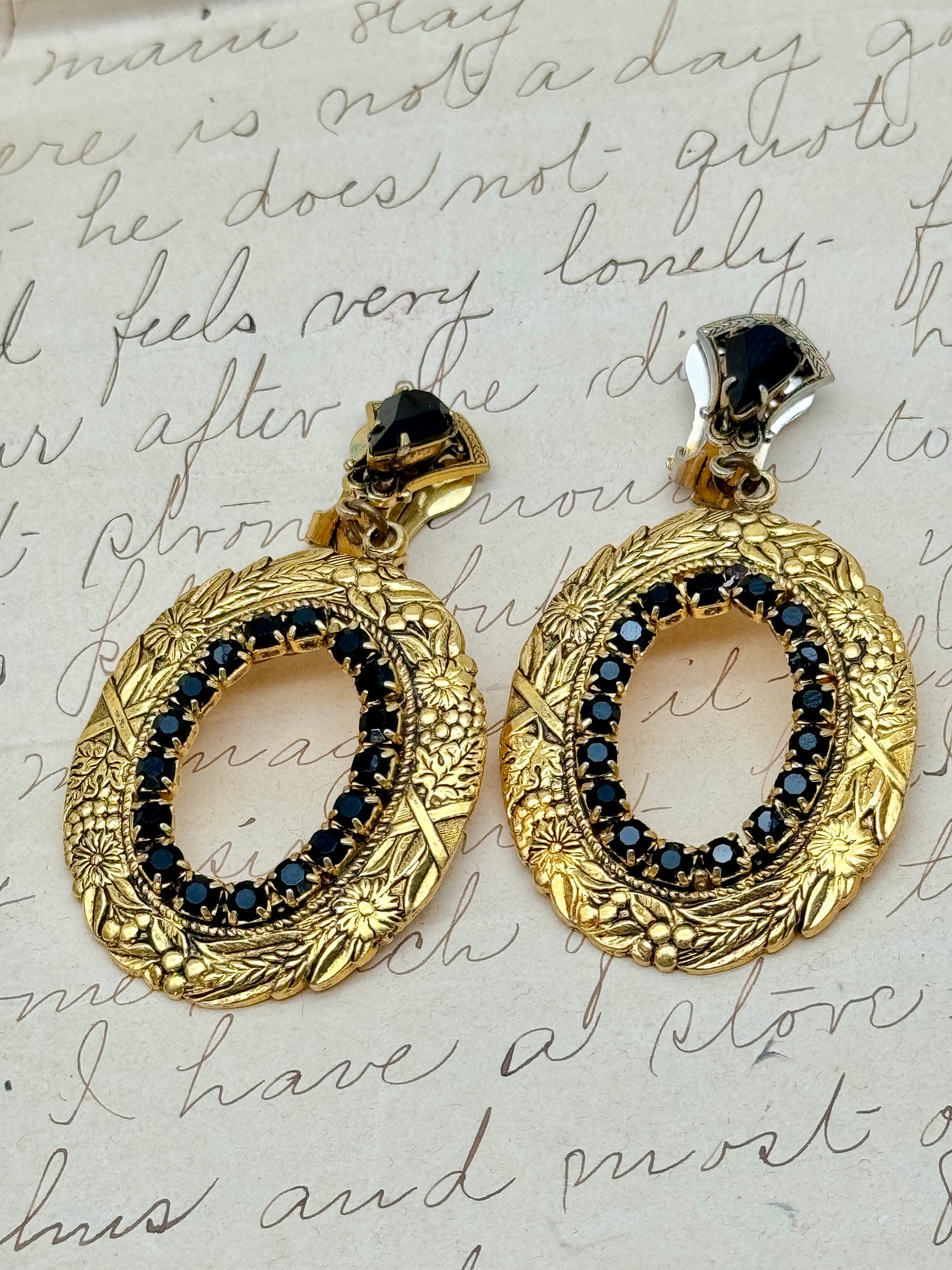 Vintage Pair Of Earrings Gold Tone With Black Rhinestone Dangler Style