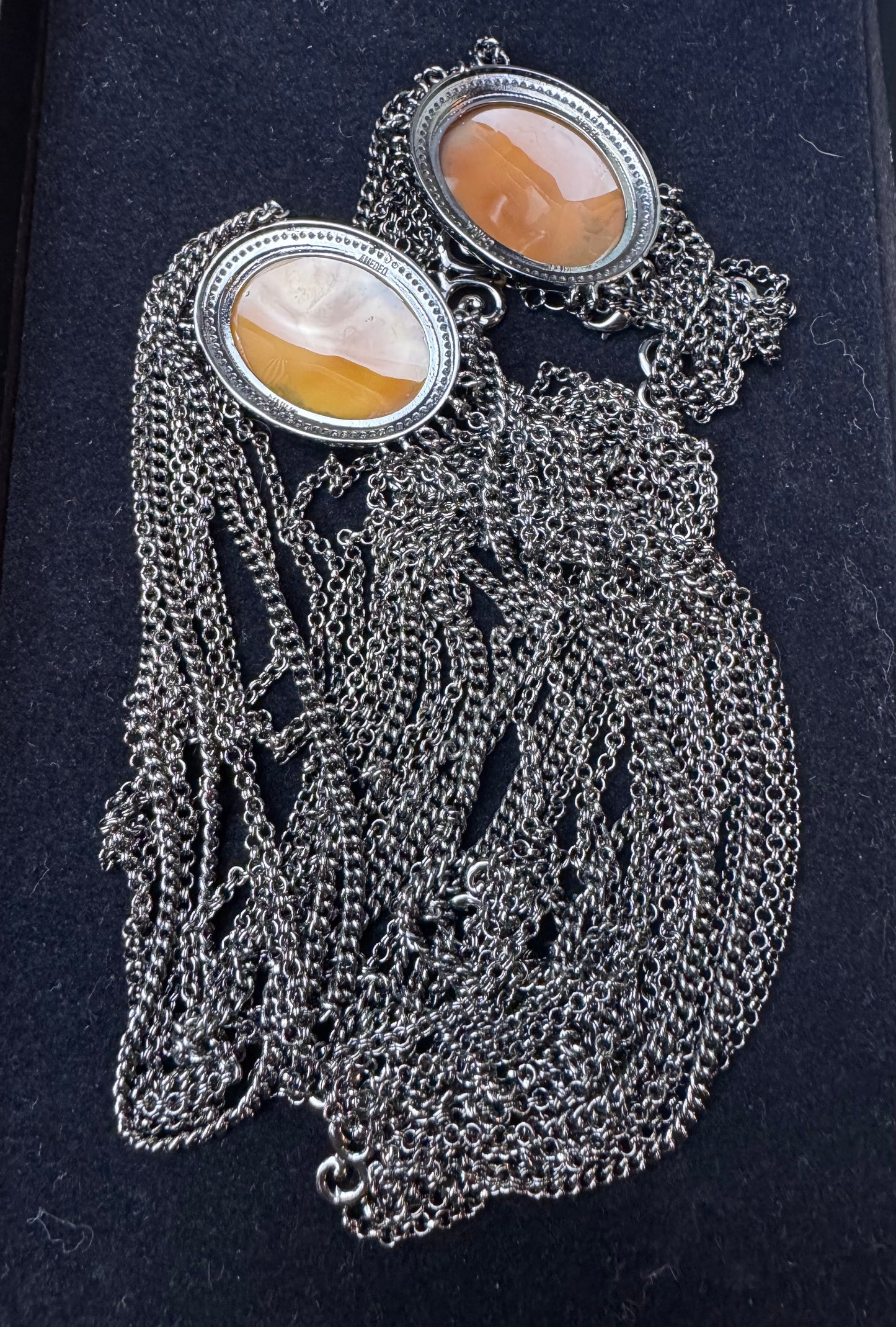 Cameo Necklace 32” & 7.25” Bracelet Gunmetal Multi Strand - Estate Find