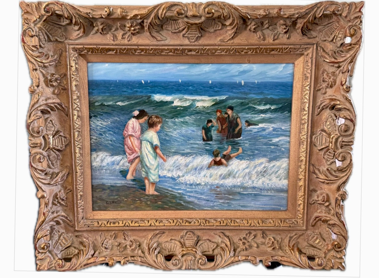 Vintage Oil Painting Beach Scene IMPRESSIONIST Wood Frame 23.5 X 19.5 X3” Signed