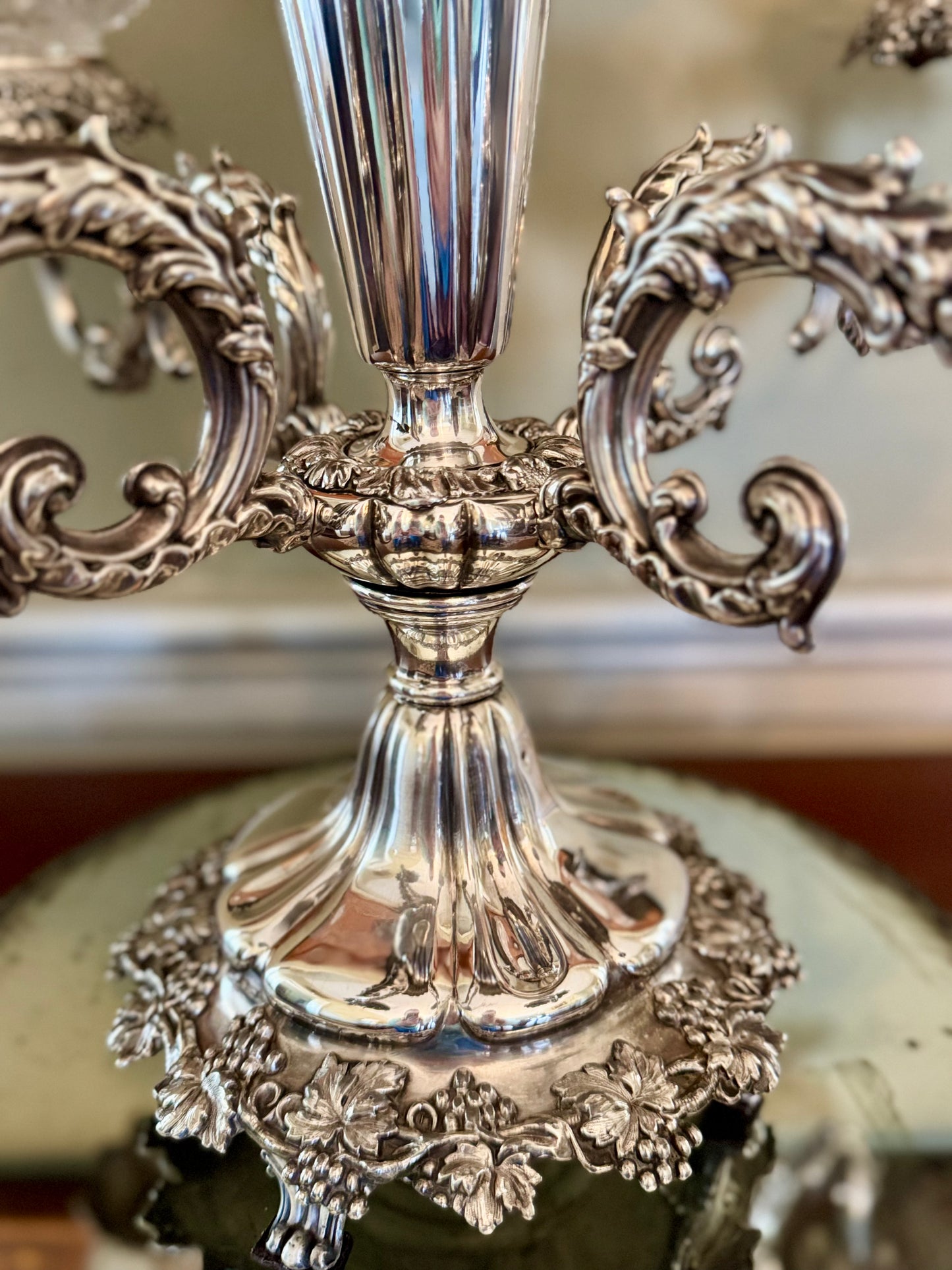19th Century EPERGNE 4 Arm Silver Plate on Copper Rotates with Berry Bowl Set circa 16”h x 23”w