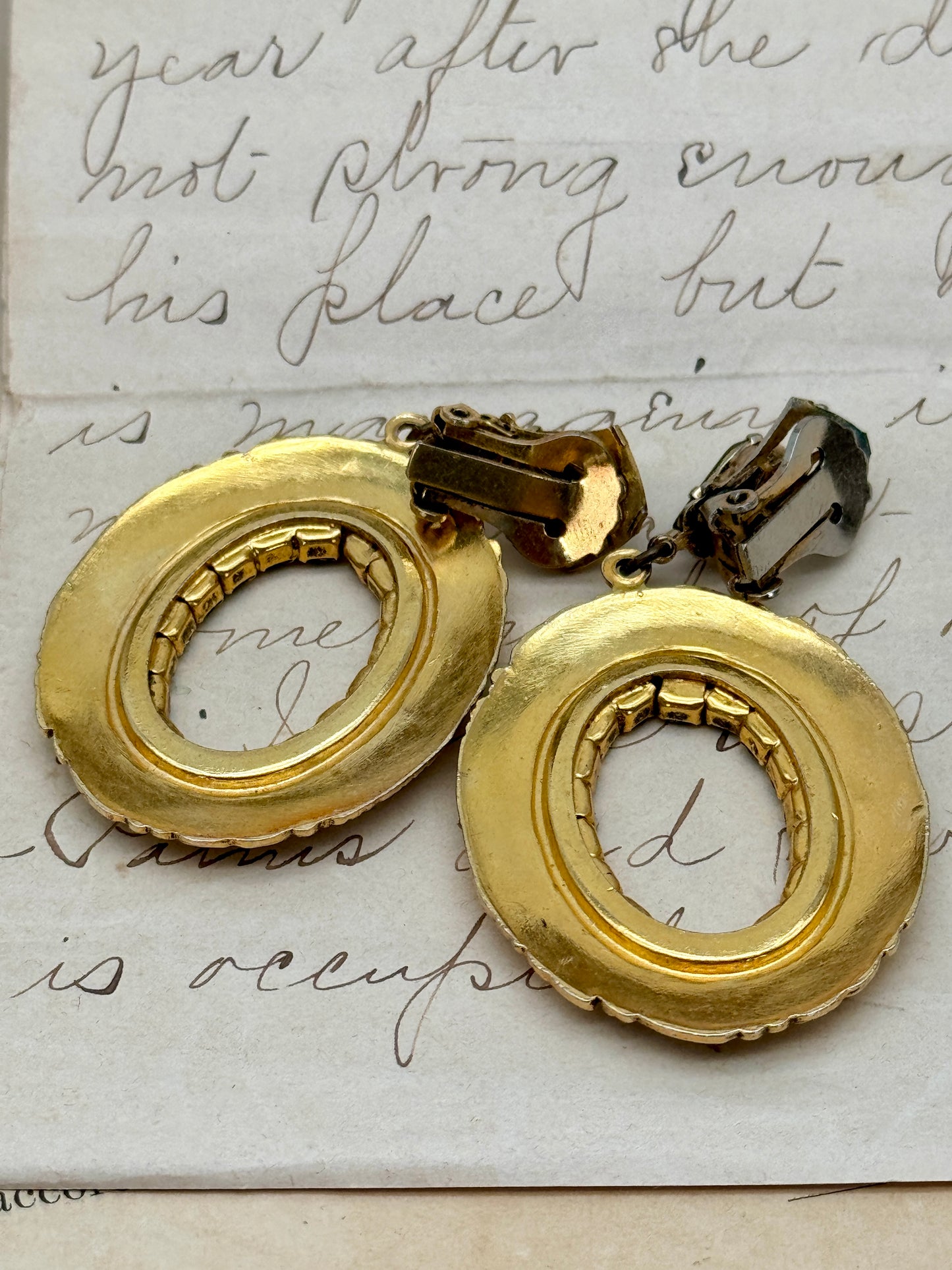 Vintage Pair Of Earrings Gold Tone With Black Rhinestone Dangler Style
