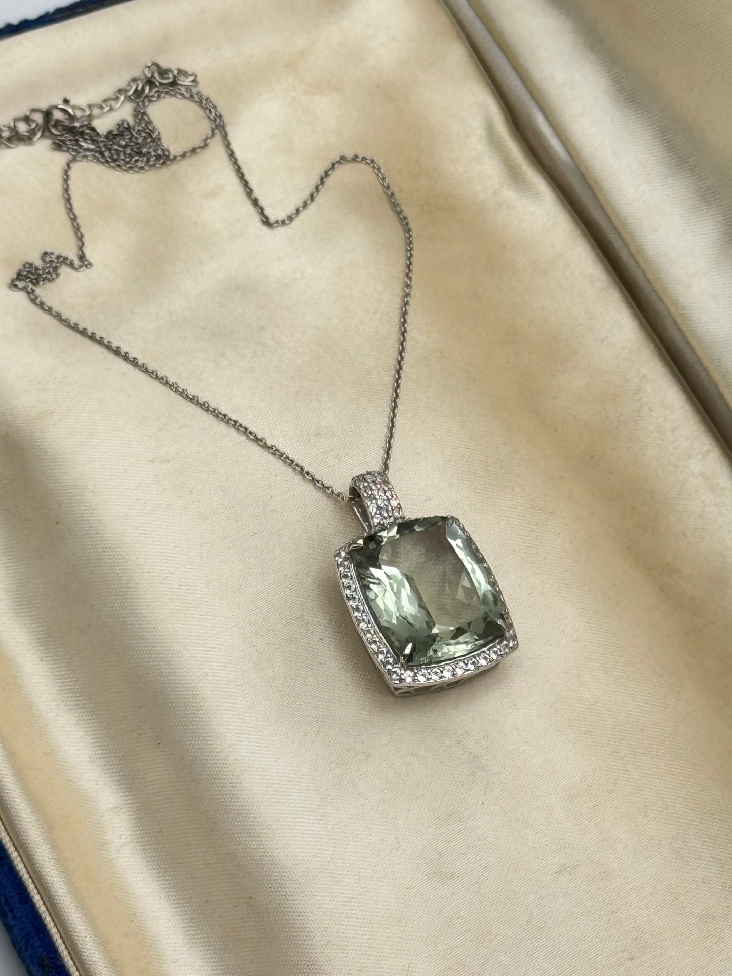 Large Green Amethyst Sterling Pendant circa 21” Long Delicate Sterling Chain