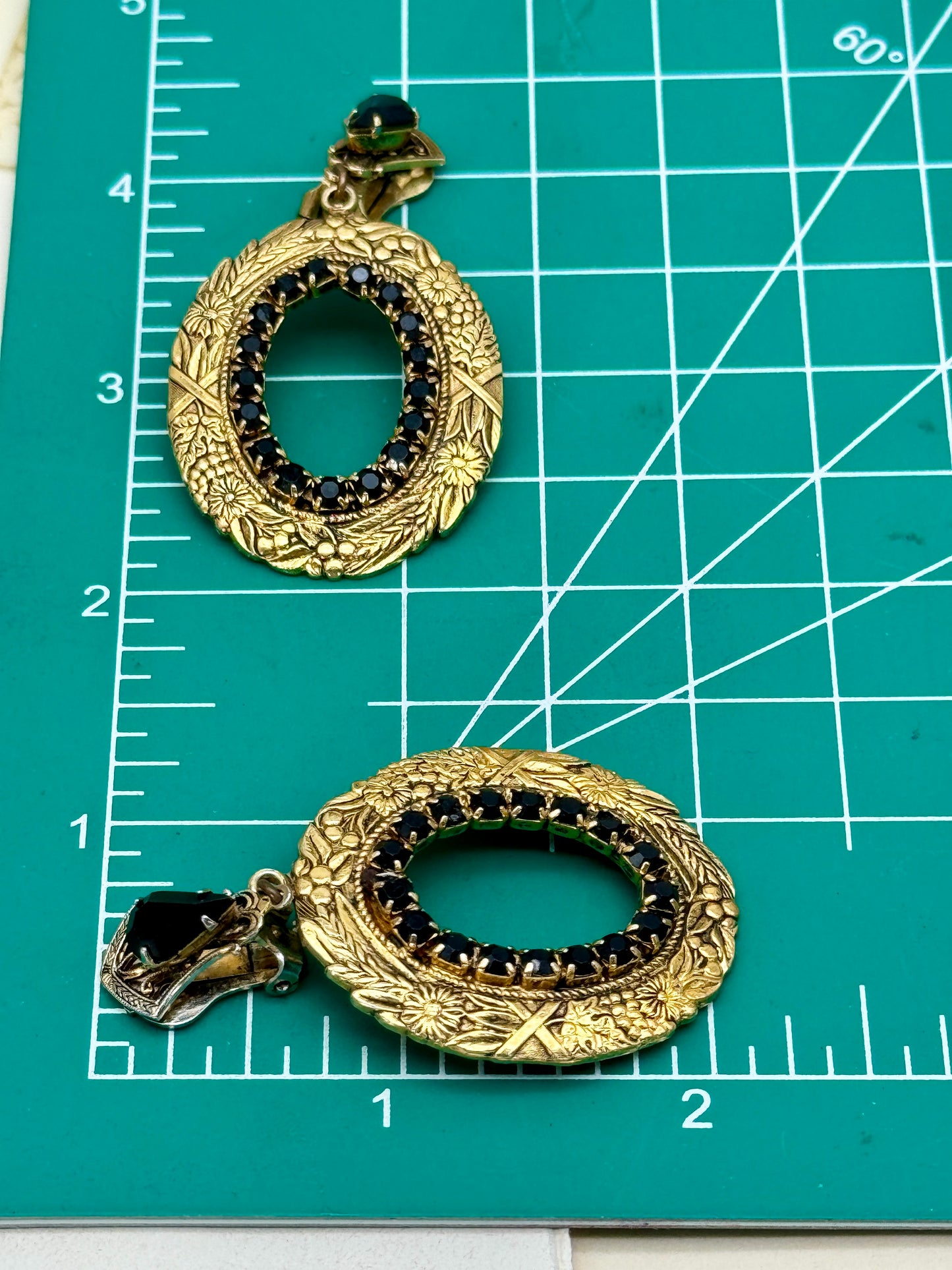 Vintage Pair Of Earrings Gold Tone With Black Rhinestone Dangler Style