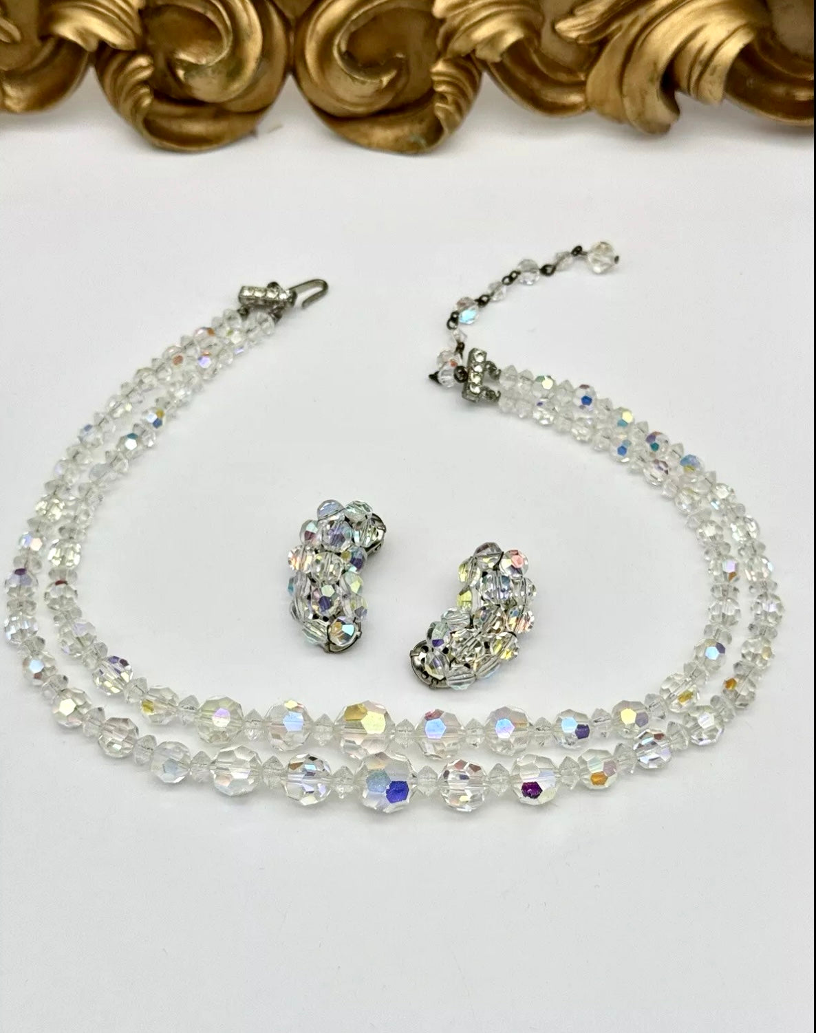 Vintage Taylor Maid Rock AB Crystal 2 Strand Necklace With Earrings In Box