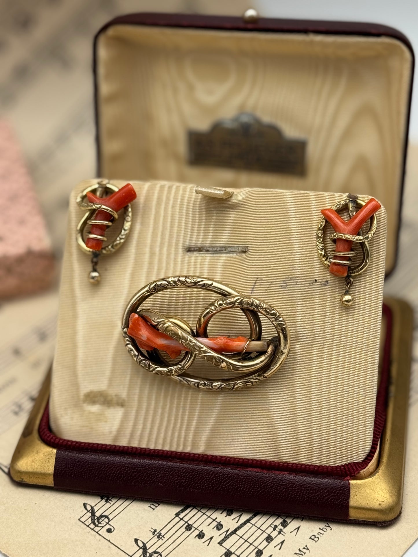 Victorian Gold Filled Coral Branch Brooch & Earring Set – Antique Conversion Post Earrings – c.1860-1880