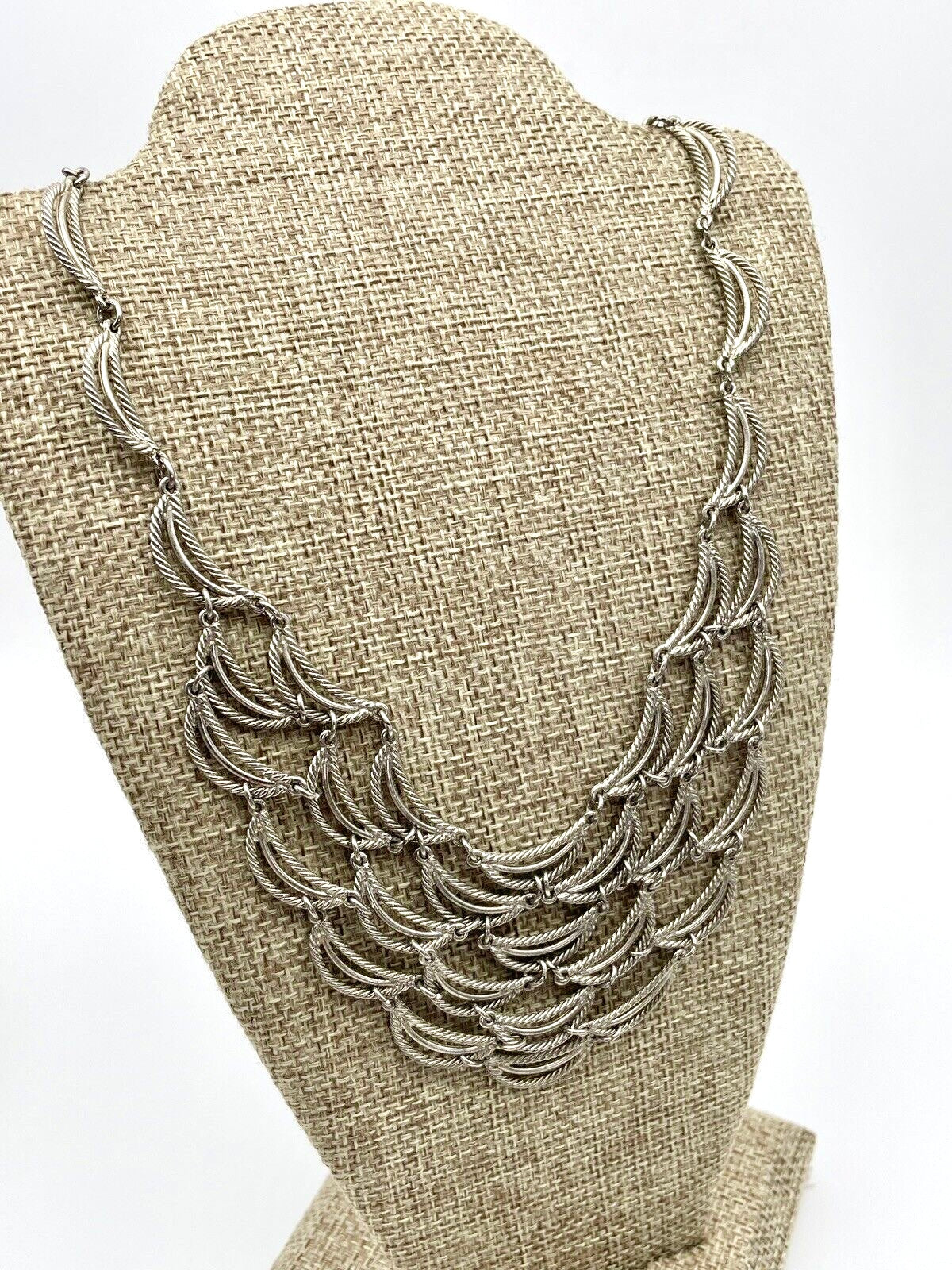 Vintage Silver Tone Ripple Cascade Necklace 16” 70s Style