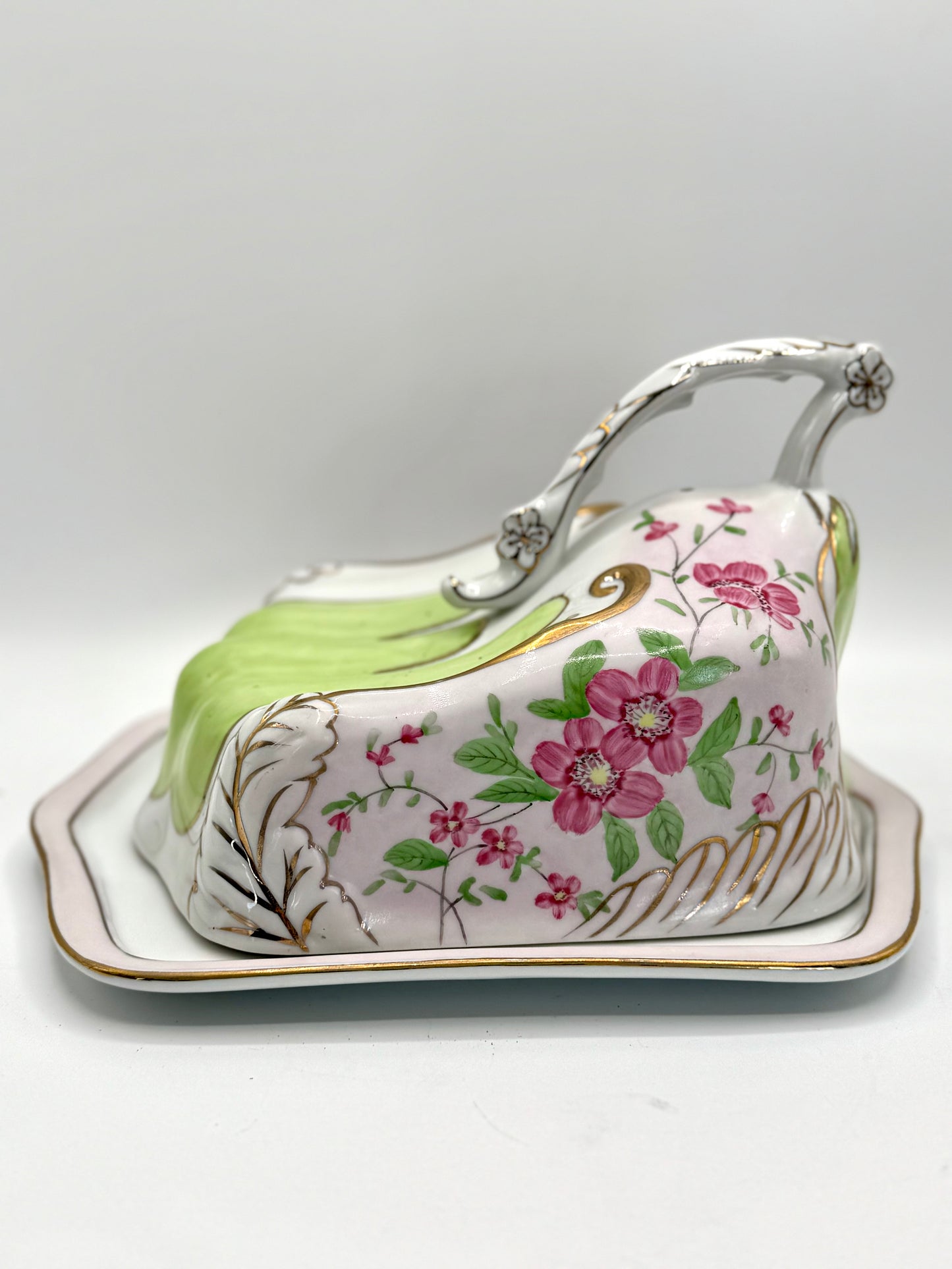 Antique PINK FLORAL Cheese Cloche Art Nouveau Style ESTATE FIND