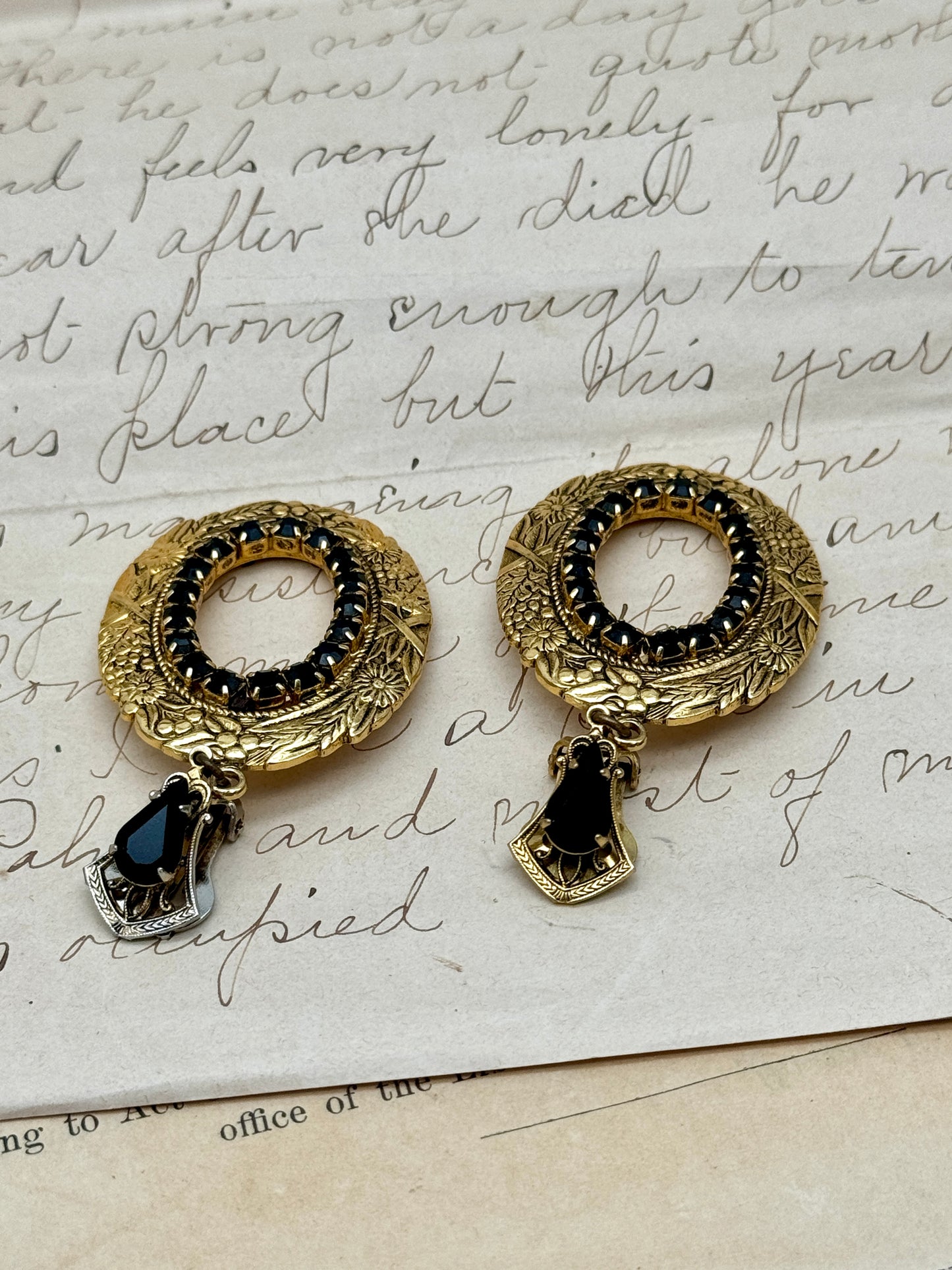Vintage Pair Of Earrings Gold Tone With Black Rhinestone Dangler Style