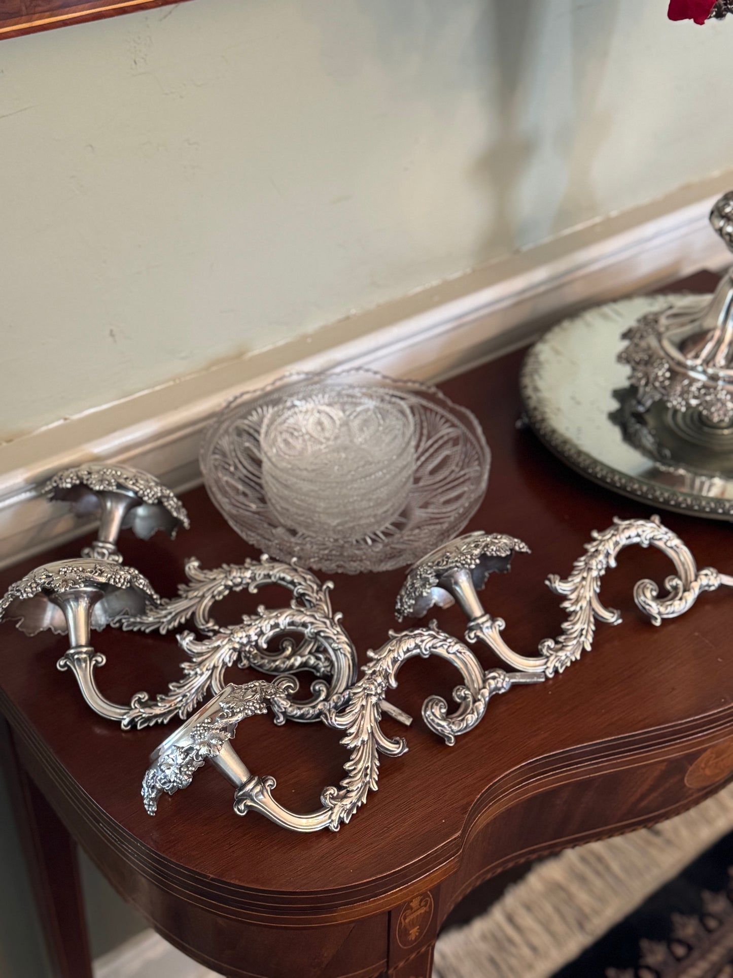 19th Century EPERGNE 4 Arm Silver Plate on Copper Rotates with Berry Bowl Set circa 16”h x 23”w