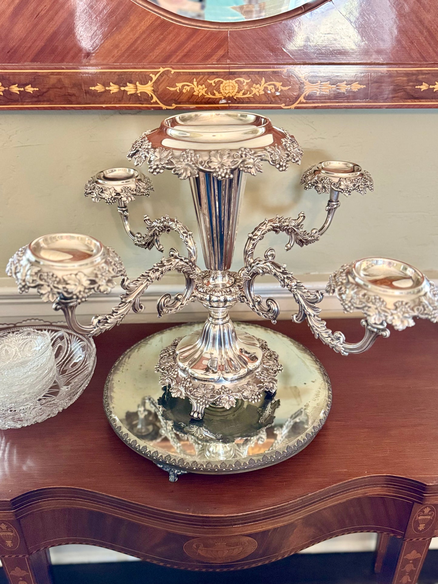 19th Century EPERGNE 4 Arm Silver Plate on Copper Rotates with Berry Bowl Set circa 16”h x 23”w