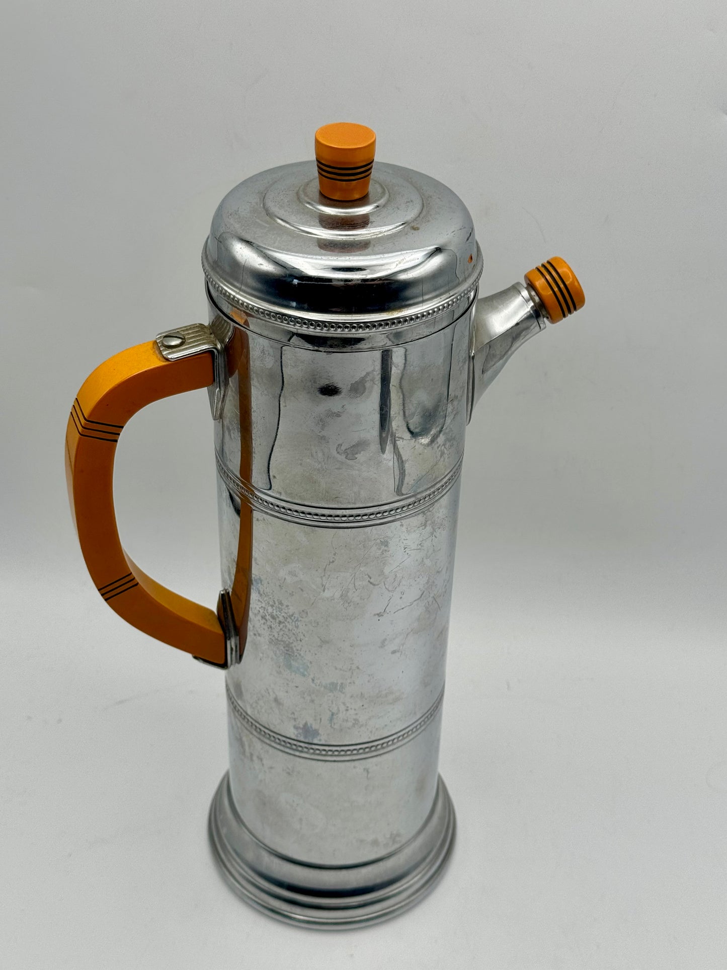 Chrome Bakelite Cocktail Shaker – 1930s Art Deco Krome Kraft Farber Bros – 12.5” Barware