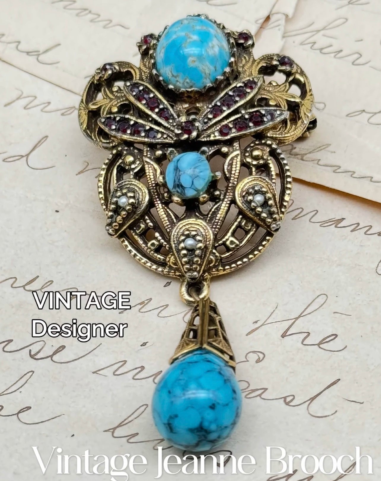 Vintage SIGNED Jeanne Dangler Brooch Faux Turquoise & Rhinestone Goldtone
