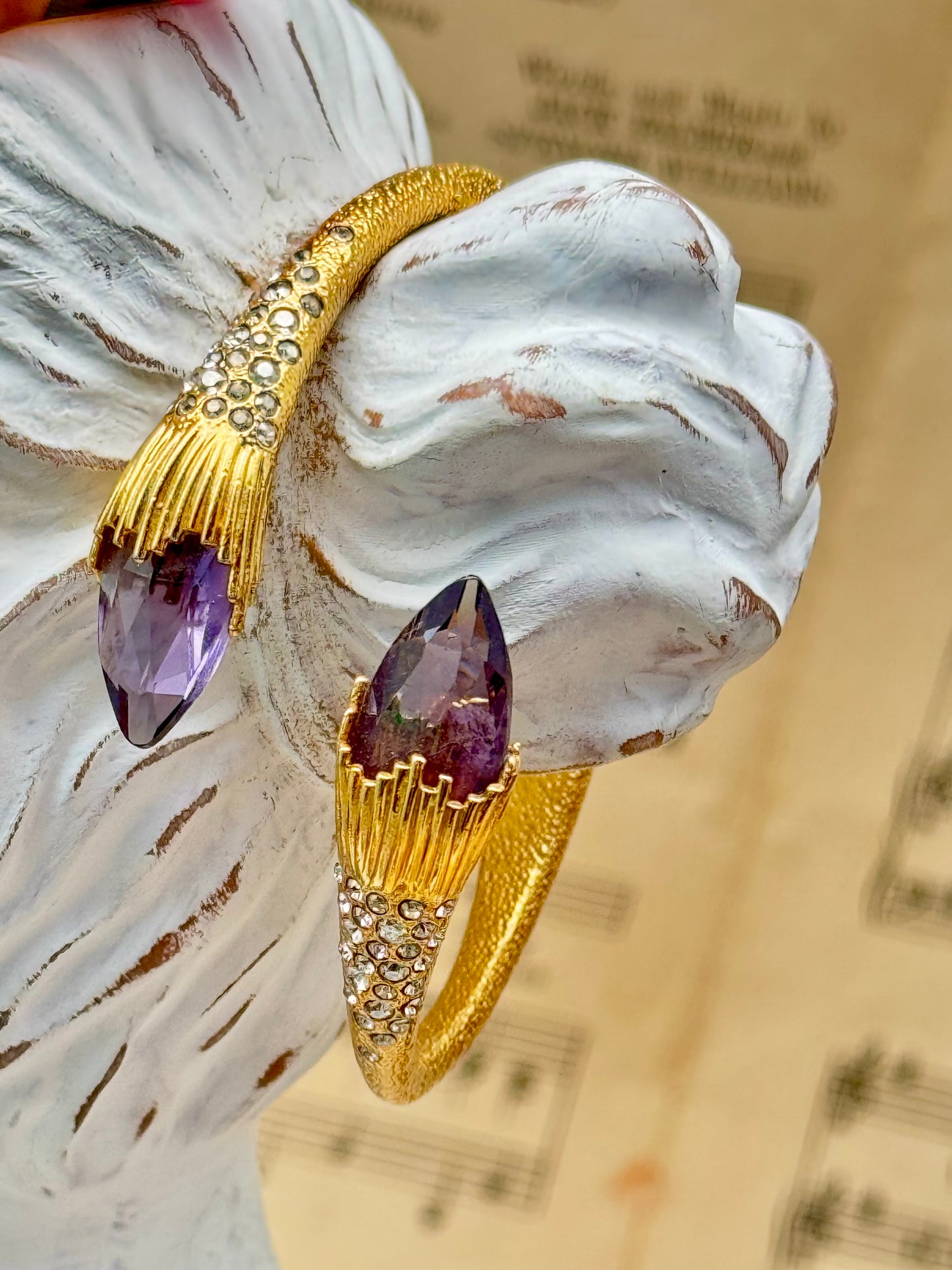 Vintage SIGNED Alexis Bittar Goldtone Bangle Rhinestone & Purple Accent Stones