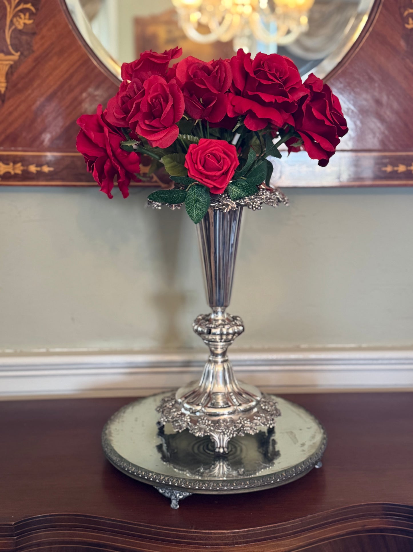 19th Century EPERGNE 4 Arm Silver Plate on Copper Rotates with Berry Bowl Set circa 16”h x 23”w