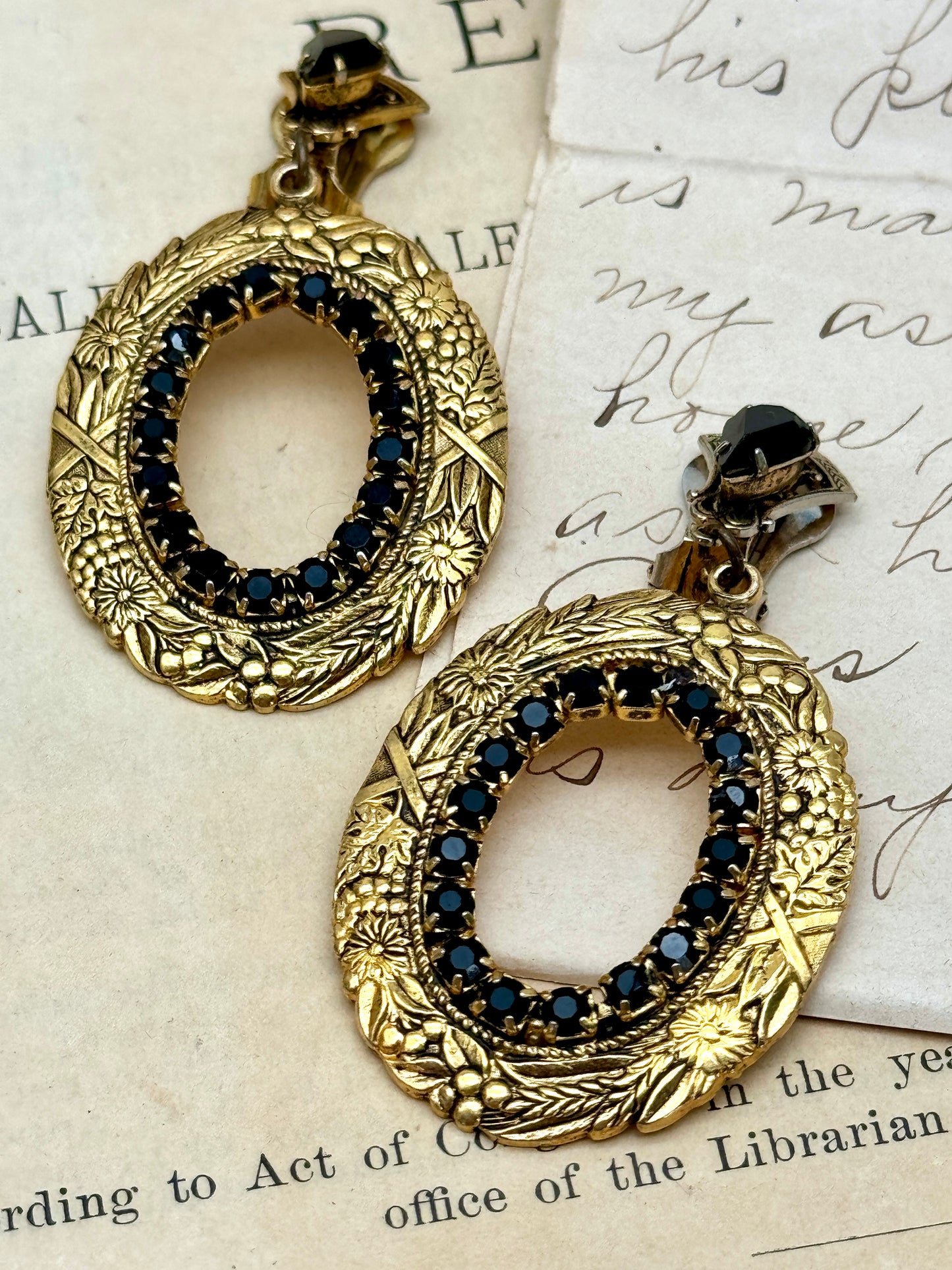Vintage Pair Of Earrings Gold Tone With Black Rhinestone Dangler Style