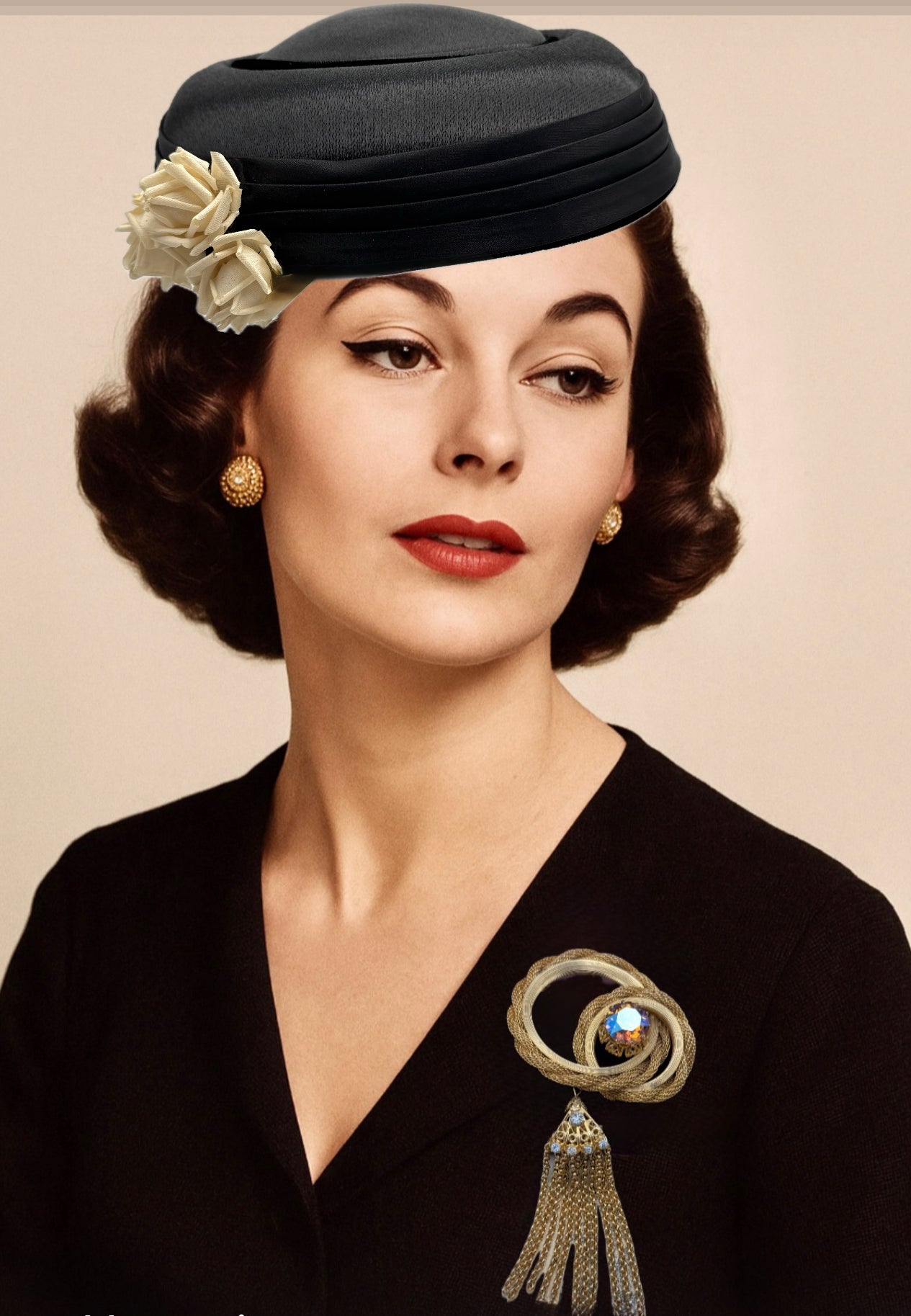 Vintage FACINATOR Hat Black Cream Roses 9”d