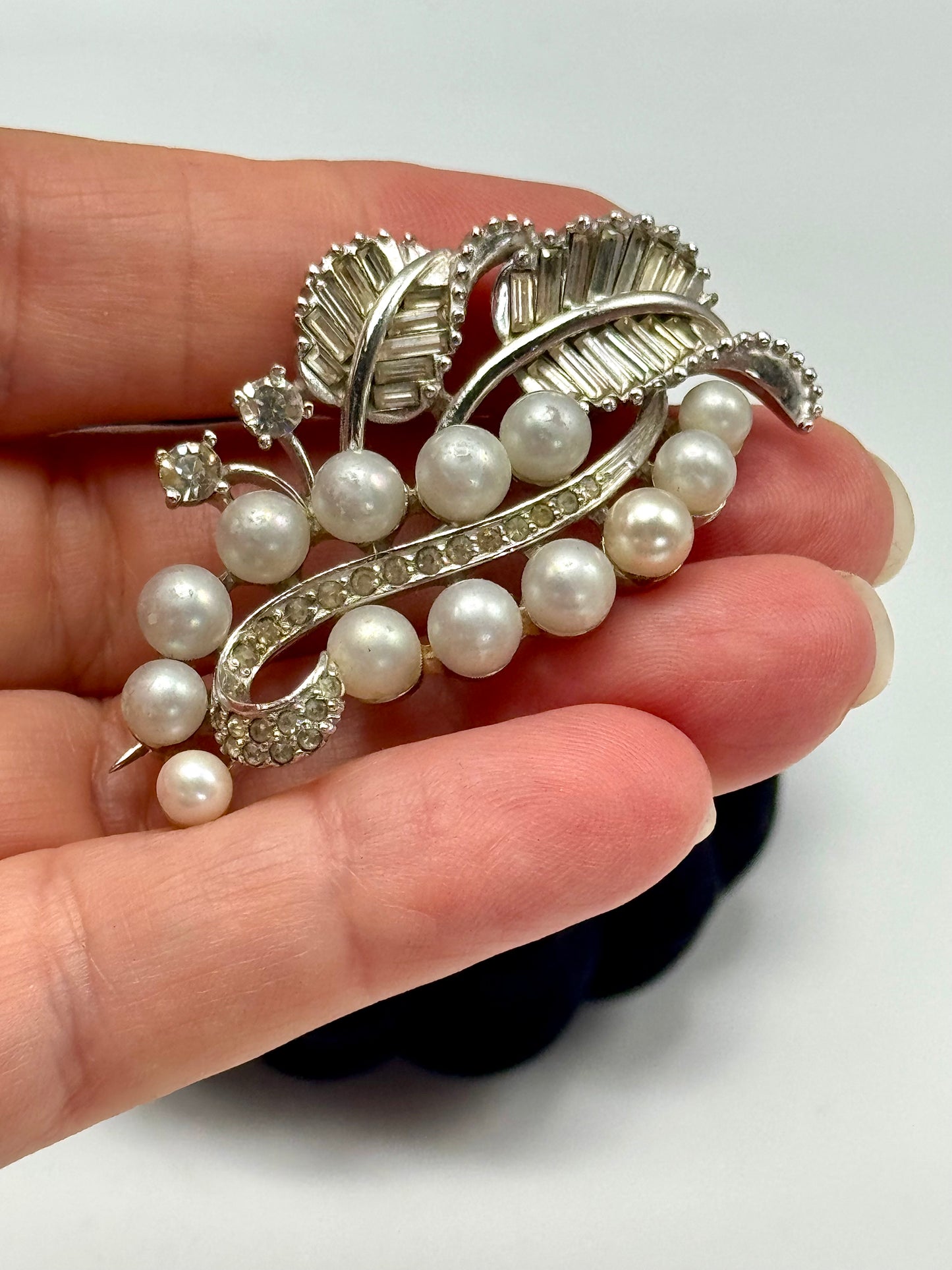 Vintage Pennino Brooch Silver Tone Faux Pearl Rhinestone Leaf Design Signed