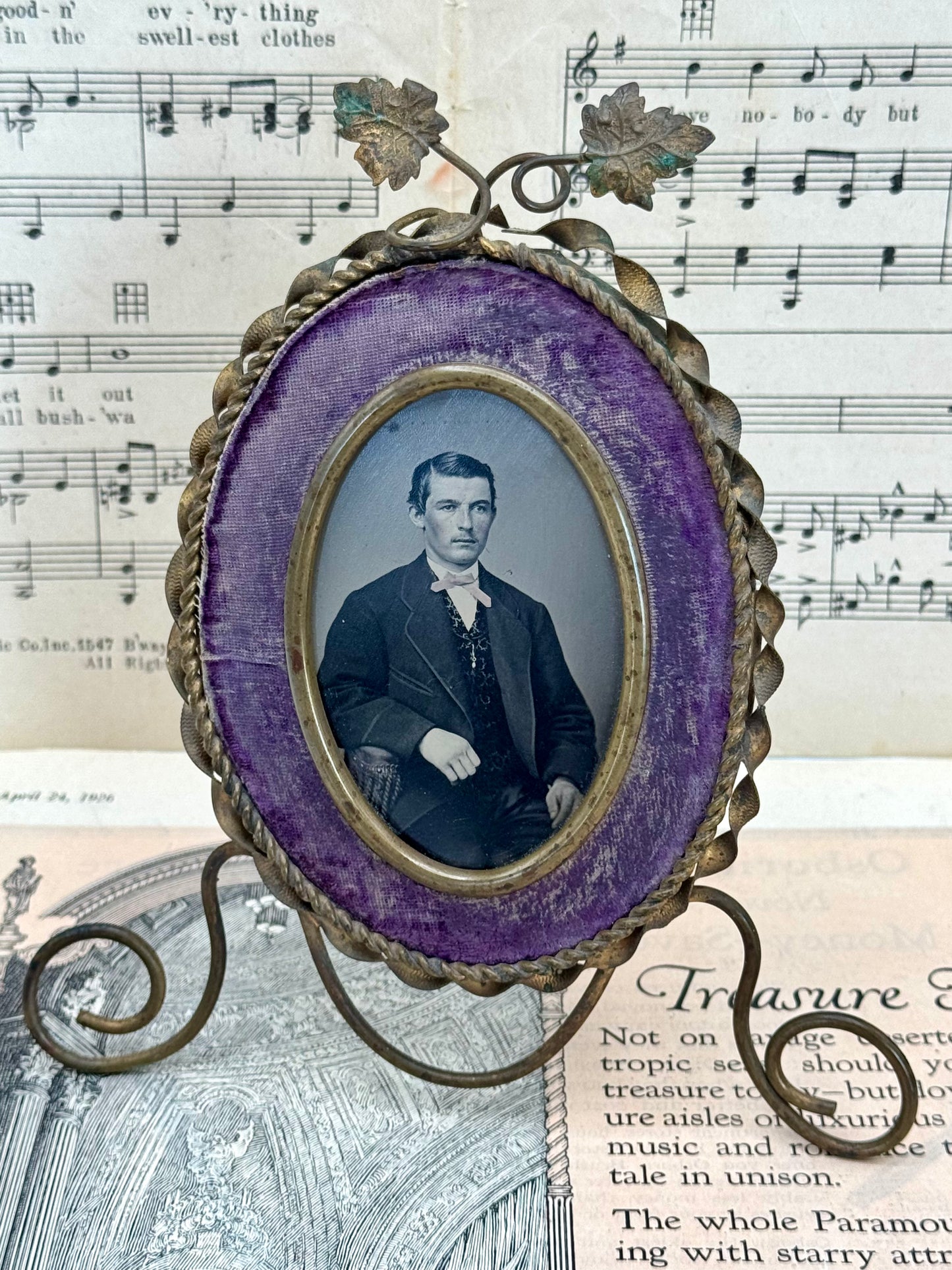 Antique Velvet Lavender Metal Frame & Tin Type Photo Young Gentleman RARE