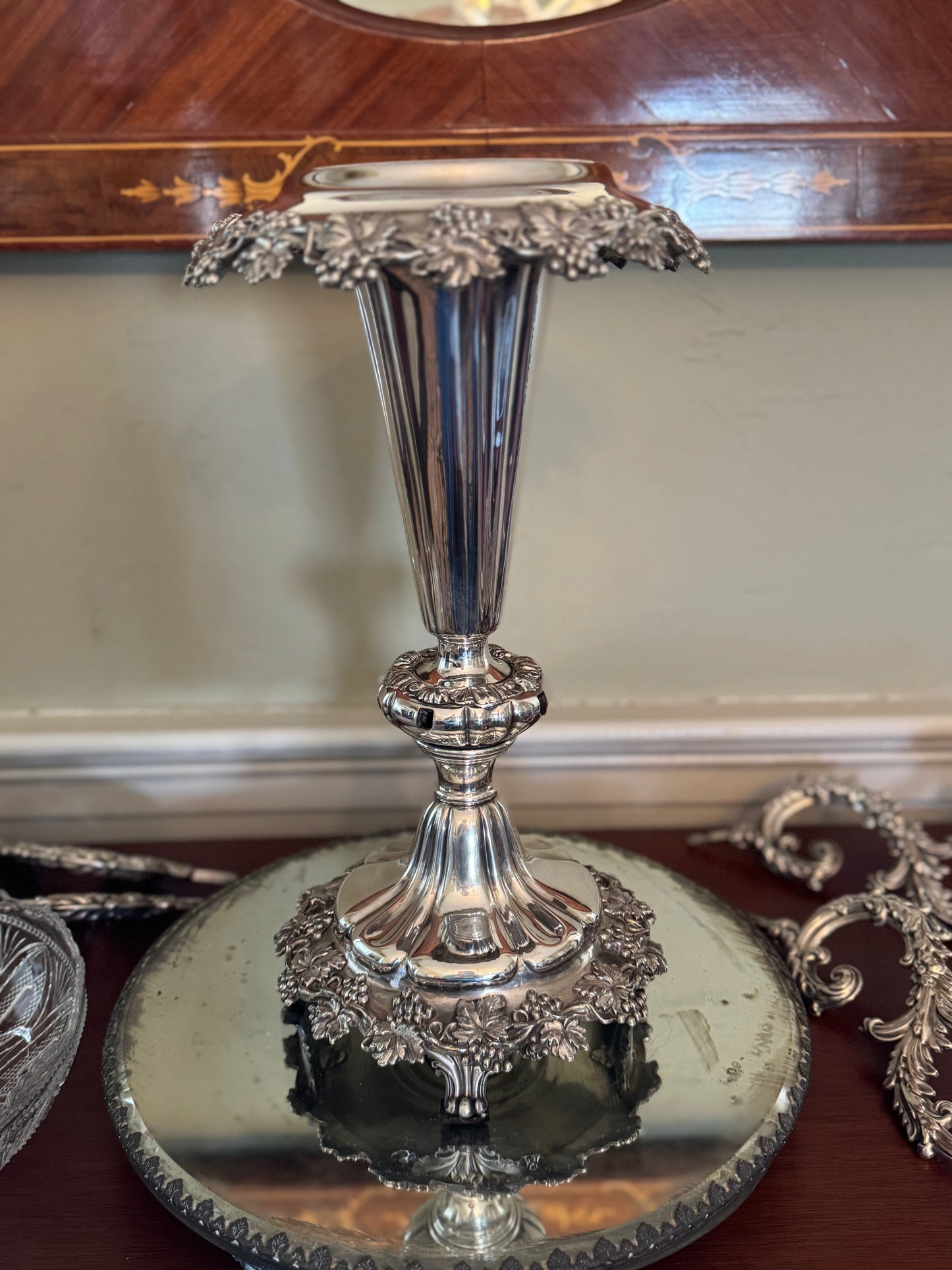 19th Century EPERGNE 4 Arm Silver Plate on Copper Rotates with Berry Bowl Set circa 16”h x 23”w