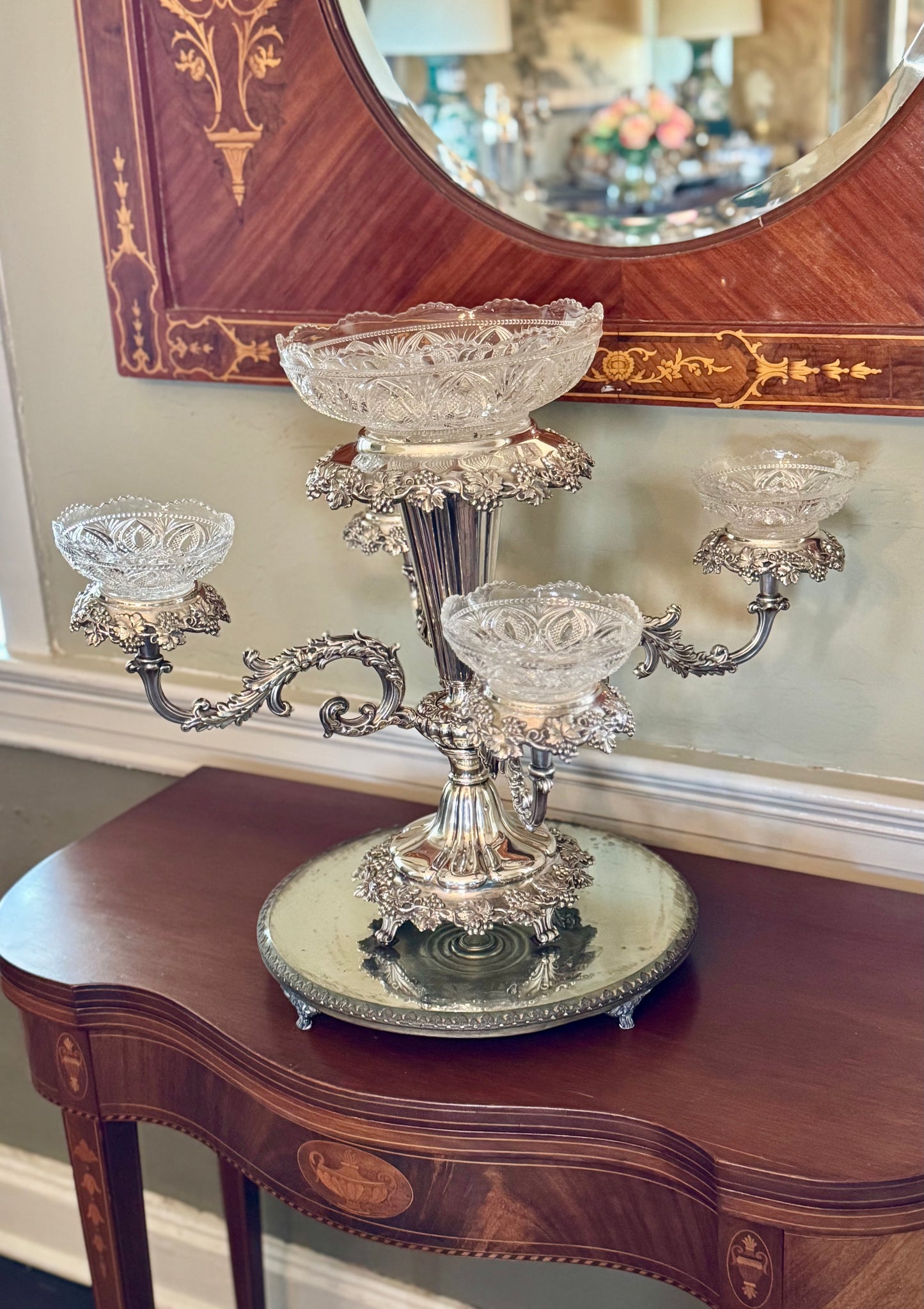 19th Century EPERGNE 4 Arm Silver Plate on Copper Rotates with Berry Bowl Set circa 16”h x 23”w