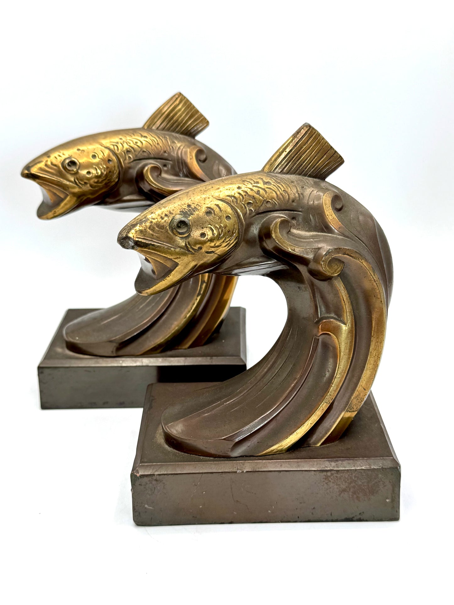 Vintage ART DECO Bronze Brass Style Book Ends TROUT Fish Estate Find Heavy!