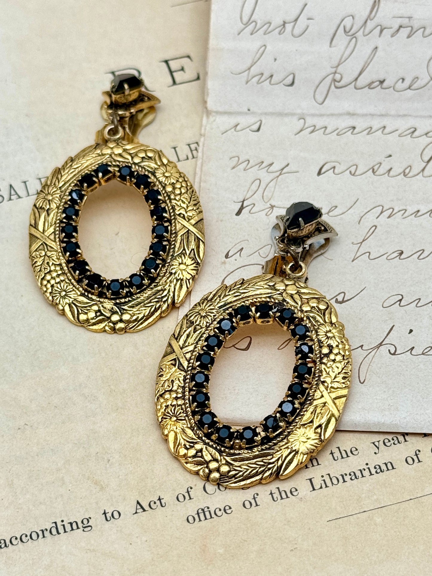 Vintage Pair Of Earrings Gold Tone With Black Rhinestone Dangler Style