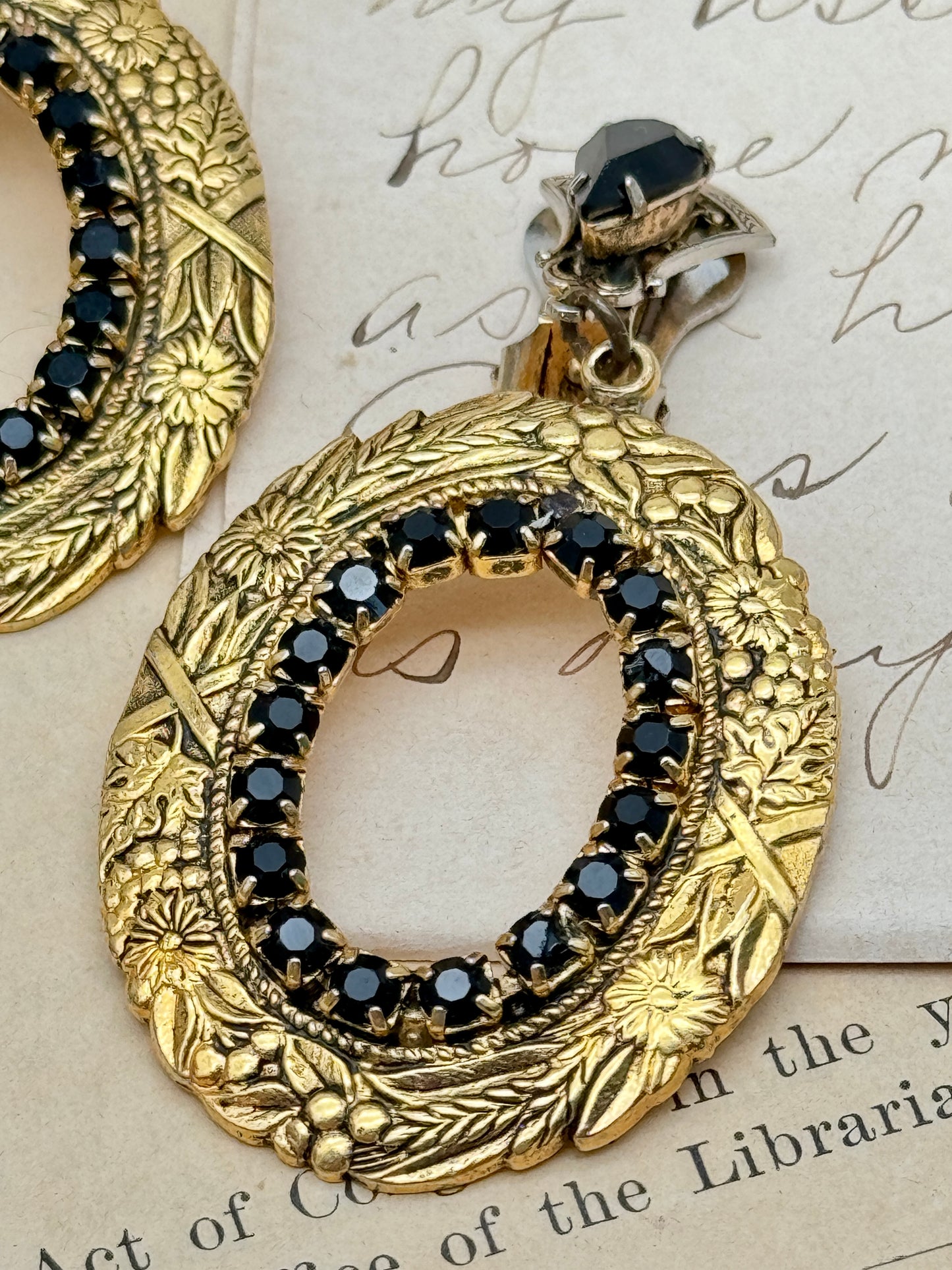 Vintage Pair Of Earrings Gold Tone With Black Rhinestone Dangler Style