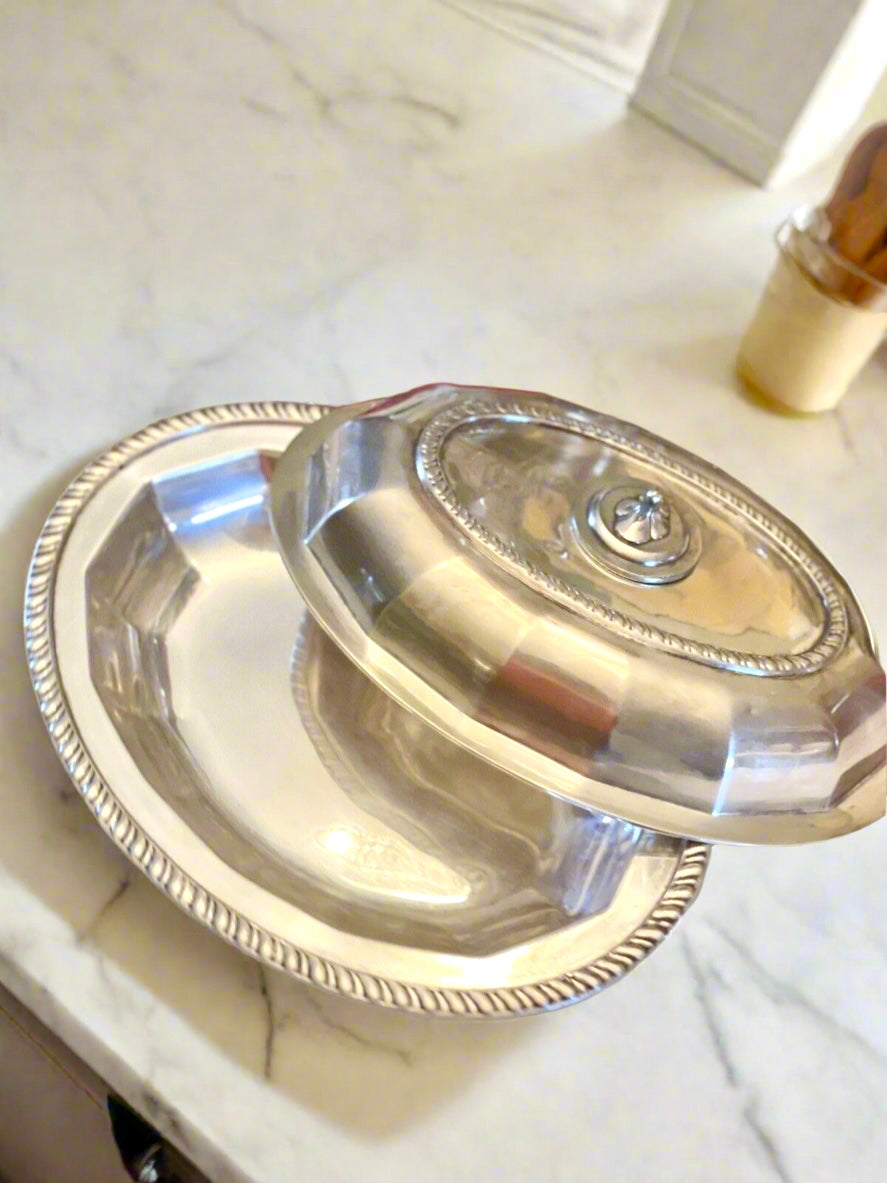 Antique Silver Plated Lidded Entree Serving Dish Monogramed