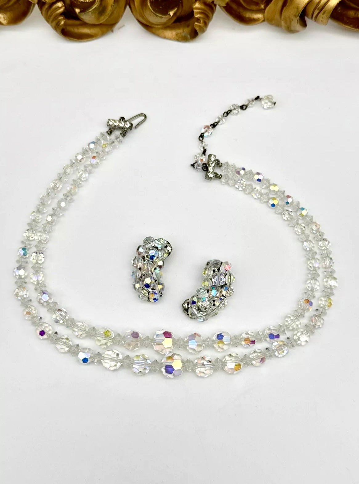 Vintage Taylor Maid Rock AB Crystal 2 Strand Necklace With Earrings In Box