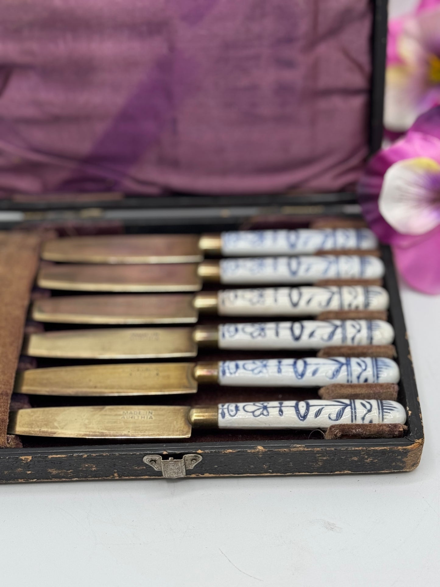 Antique Set 6 Fruit Knives Porcelain Handle Blue & White Made In Austria