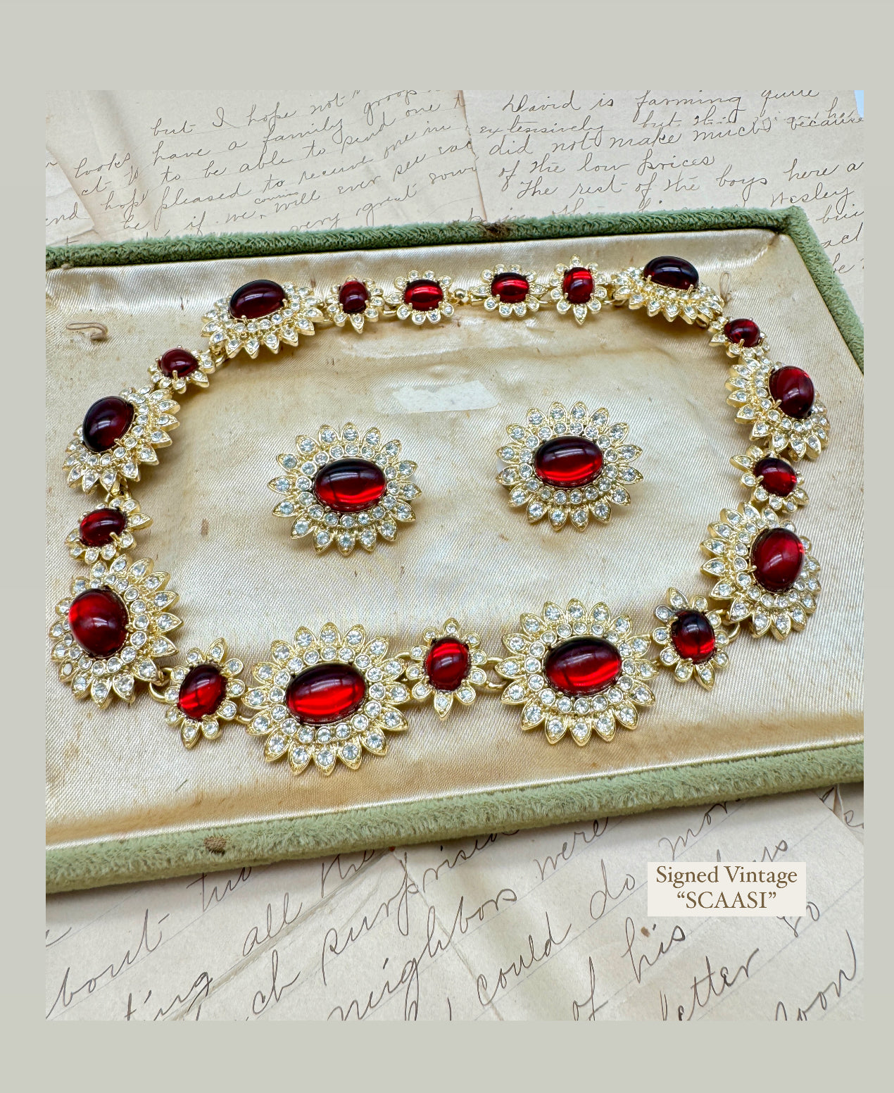 SCAASI SIGNED Statement Necklace & Earrings Set “Gold Plated Moghul” Red 16”