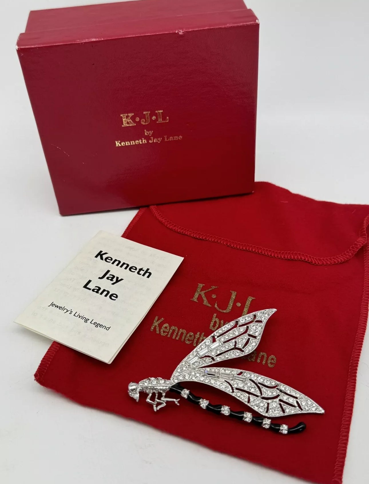 KENNETH J LANE KJL BRILLIANT CRYSTAL ENAMEL DRAGONFLY BROOCH PIN Original Case