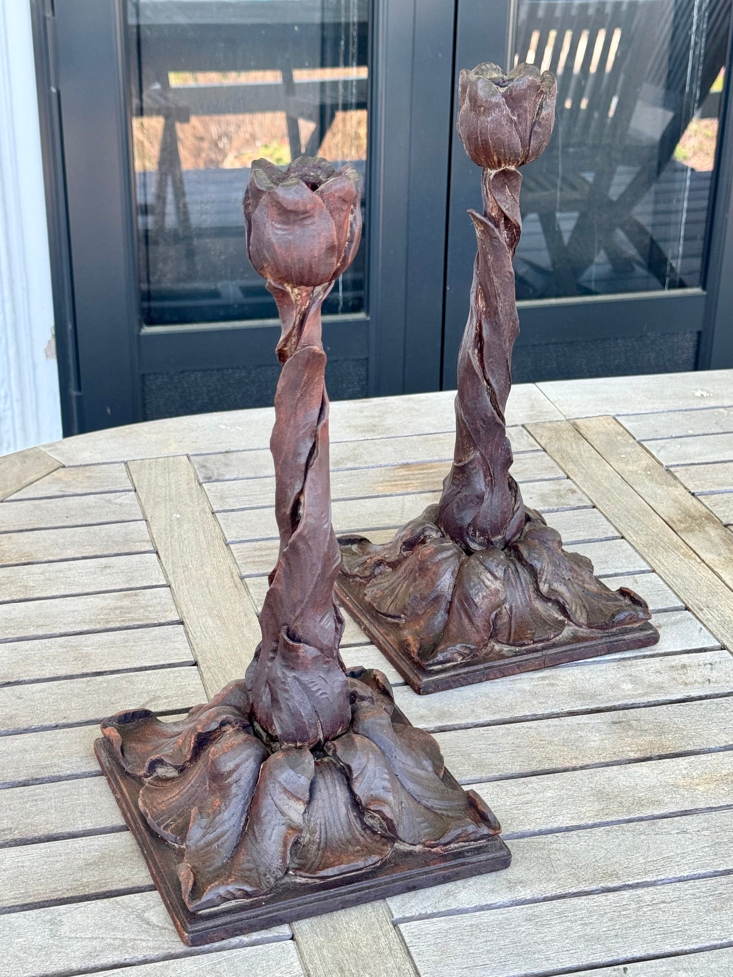 Antique BLACK FOREST Style Hand Carved Tulip Candlestick Pair Circa 14”h EXTREMELY RARE‼️