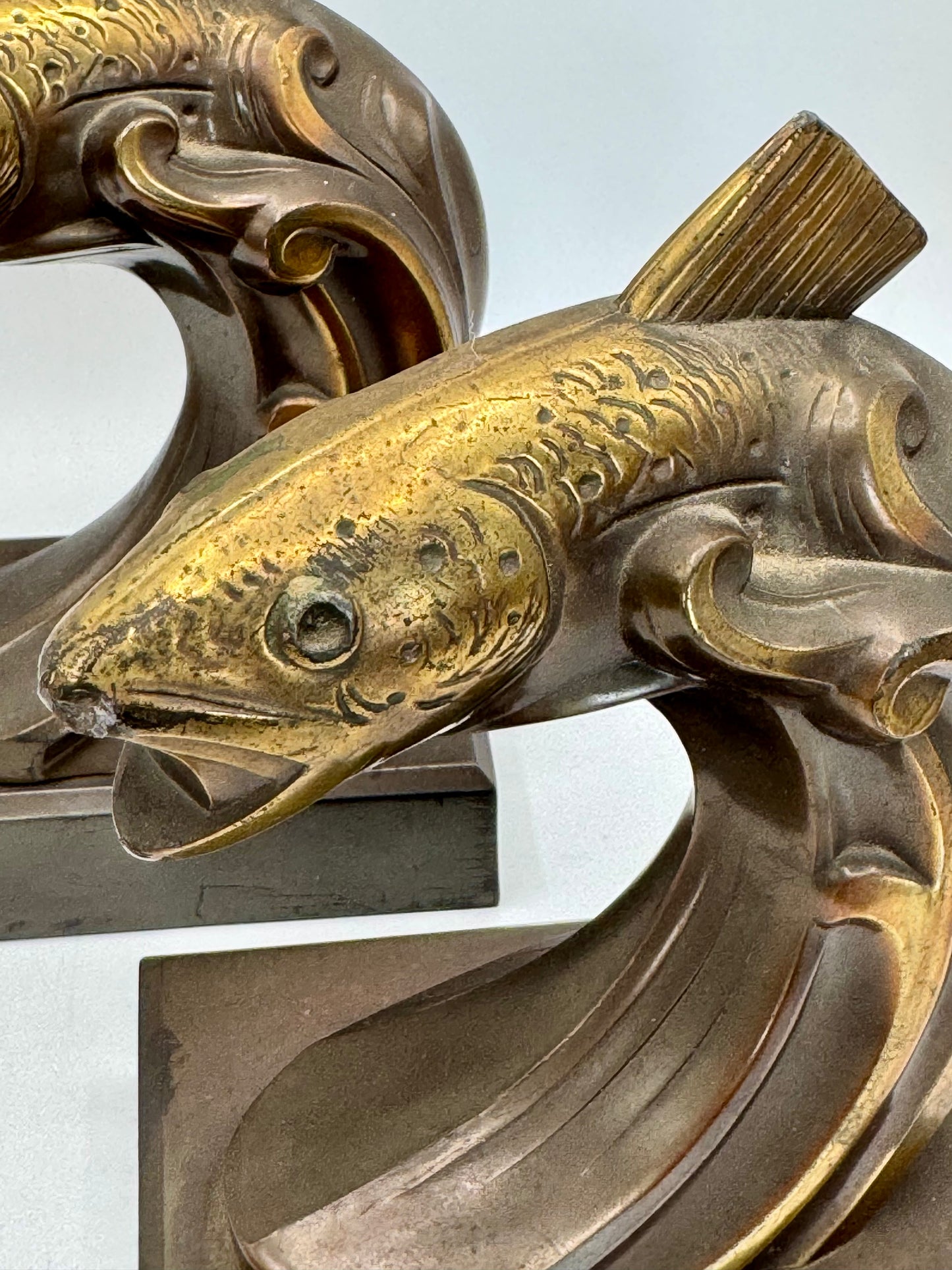 Vintage ART DECO Bronze Brass Style Book Ends TROUT Fish Estate Find Heavy!