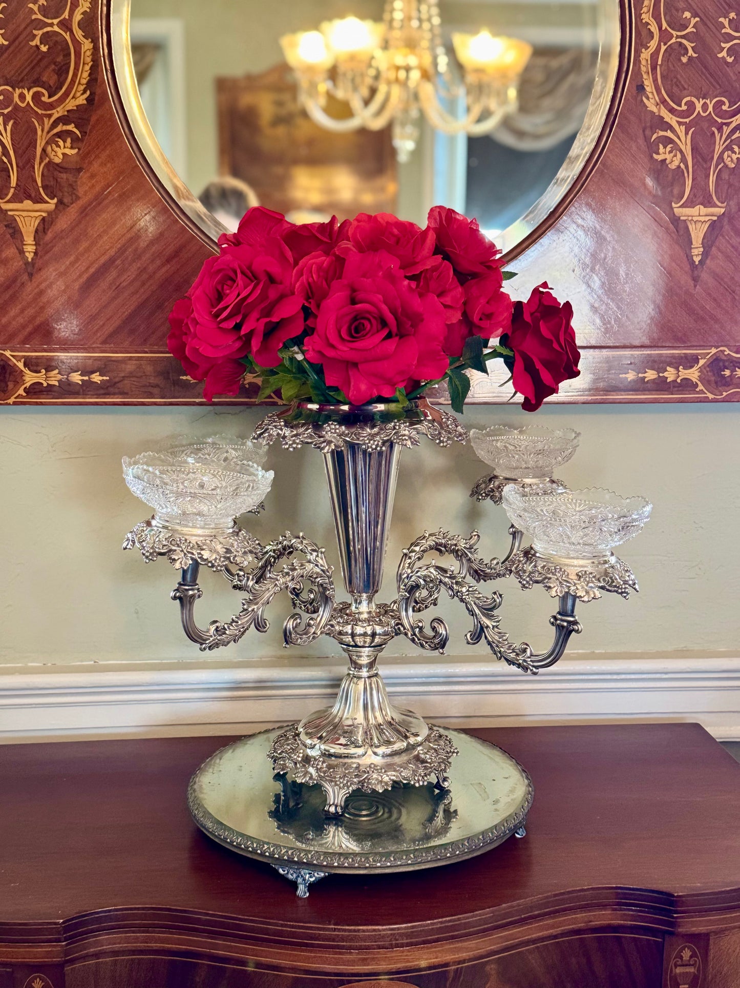 19th Century EPERGNE 4 Arm Silver Plate on Copper Rotates with Berry Bowl Set circa 16”h x 23”w