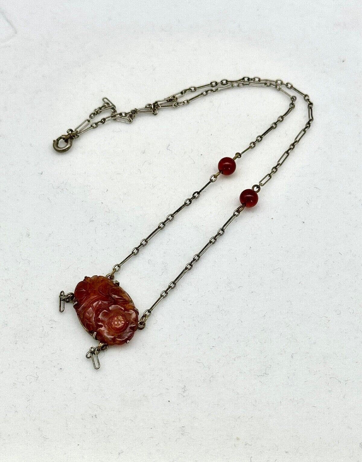 Art Deco Sterling Marked Delicate Necklace Faux Carved Carnelian Pendant