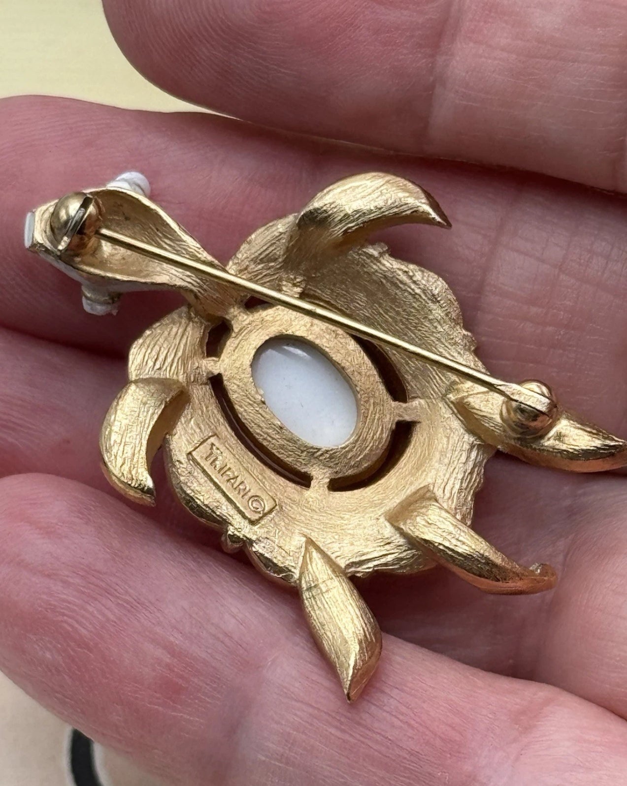 Crown Trifari White Turtle Brooch Goldtone Enamel Milk Glass Eyes Replaced‼️